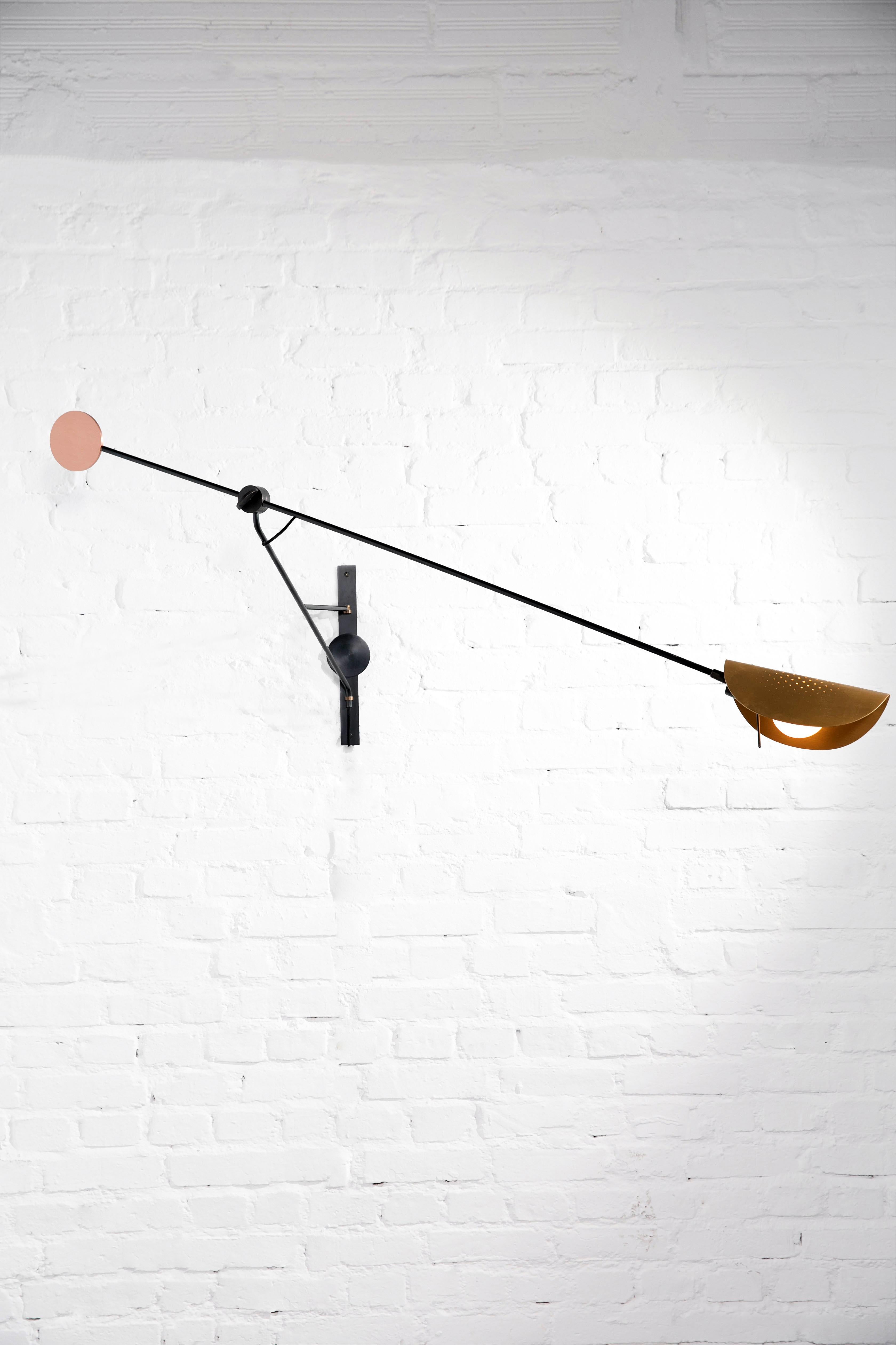 Moon bracket lamp by SB26
Dimensions: W 159 x D 43 x H 19 cm
Materials: Steel, copper, brass gilded with pure gold

Evoking an industrial metal architecture by its silhouette, Moon is balanced in space and refined to its worked ends which gives