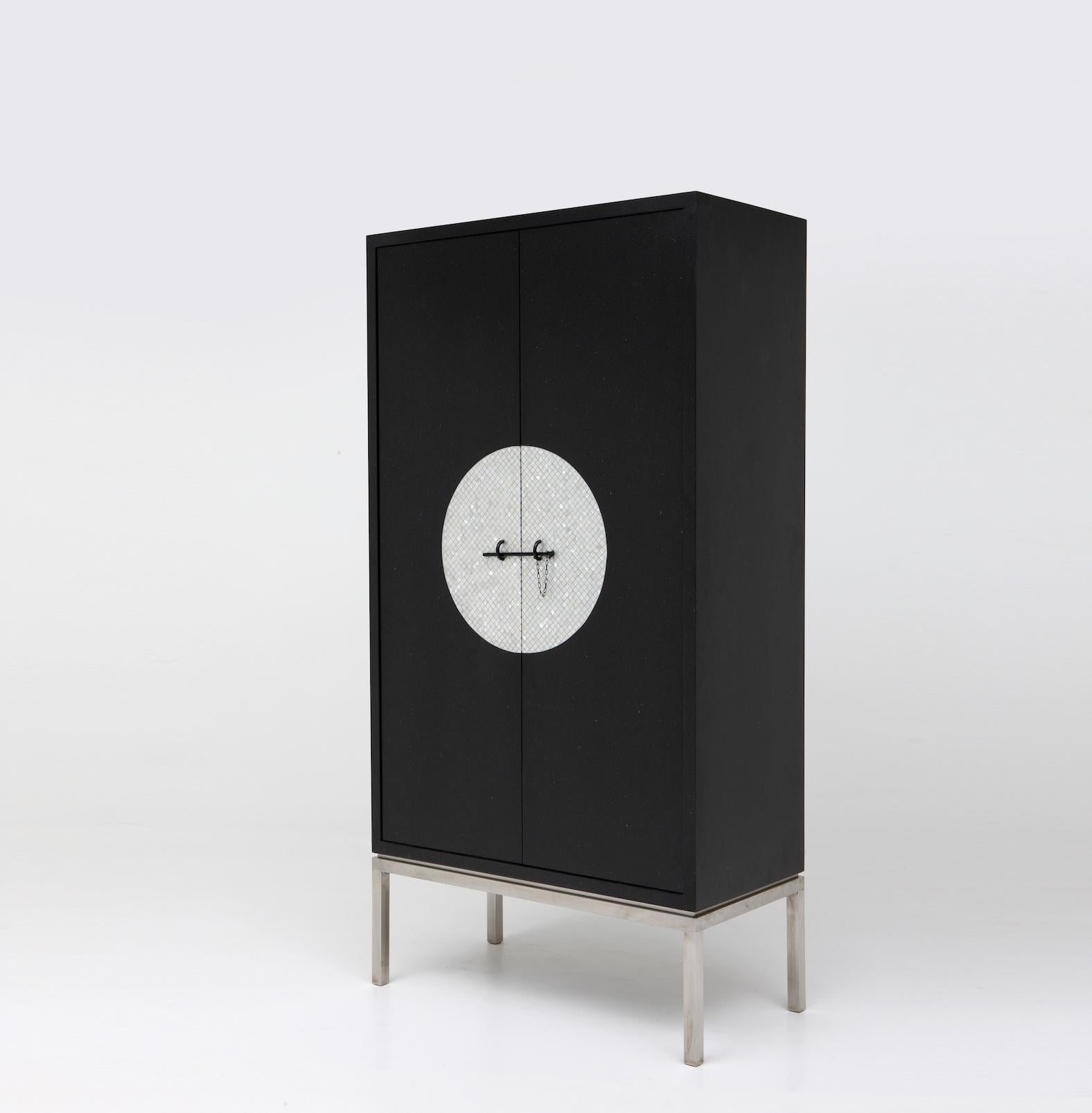 Modern Moon - Crafted cabinet in mother of pearl and lacquered wood For Sale