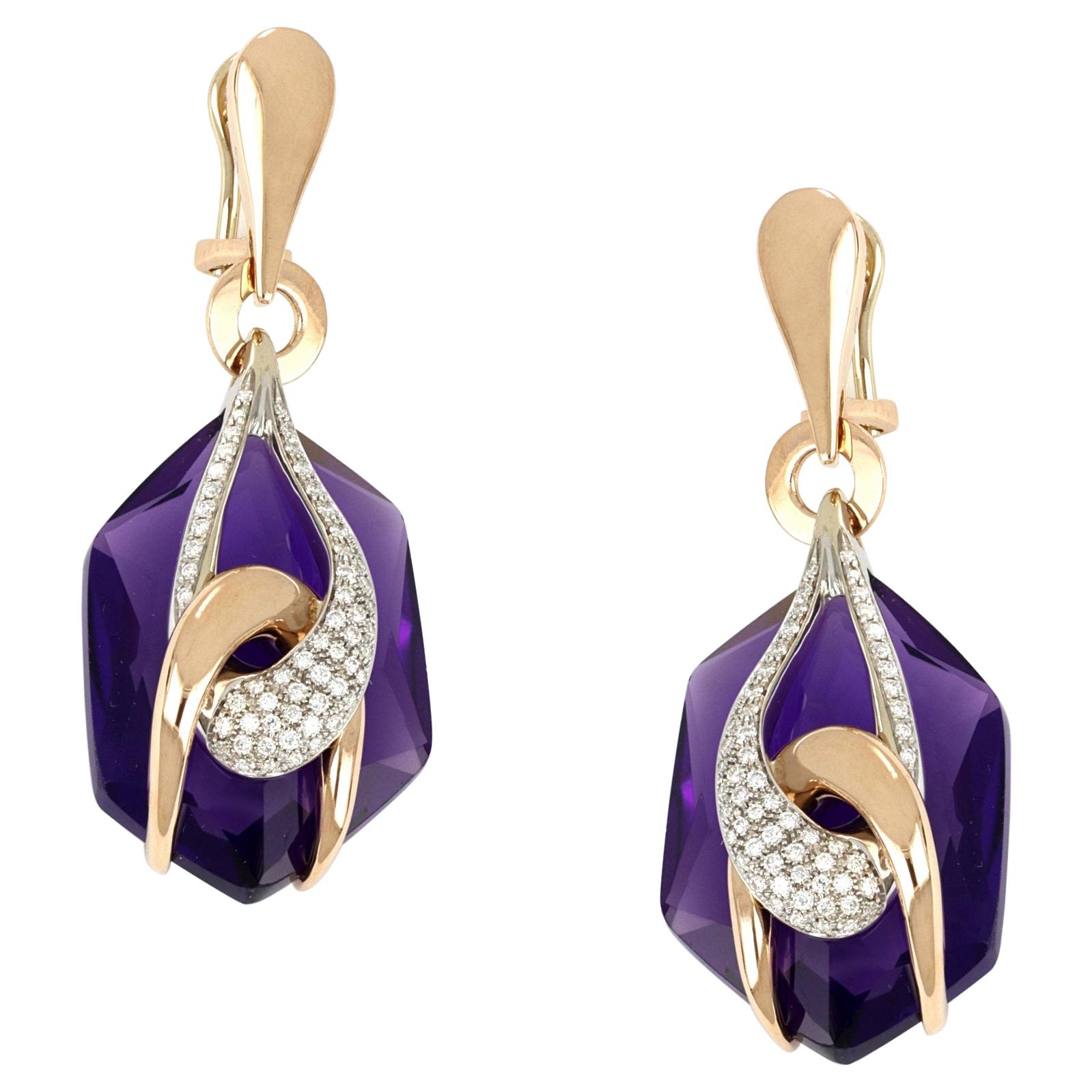 18 Karat Roségold und Weißgold Mondkette große Ohrringe mit Amethyst und Diamanten