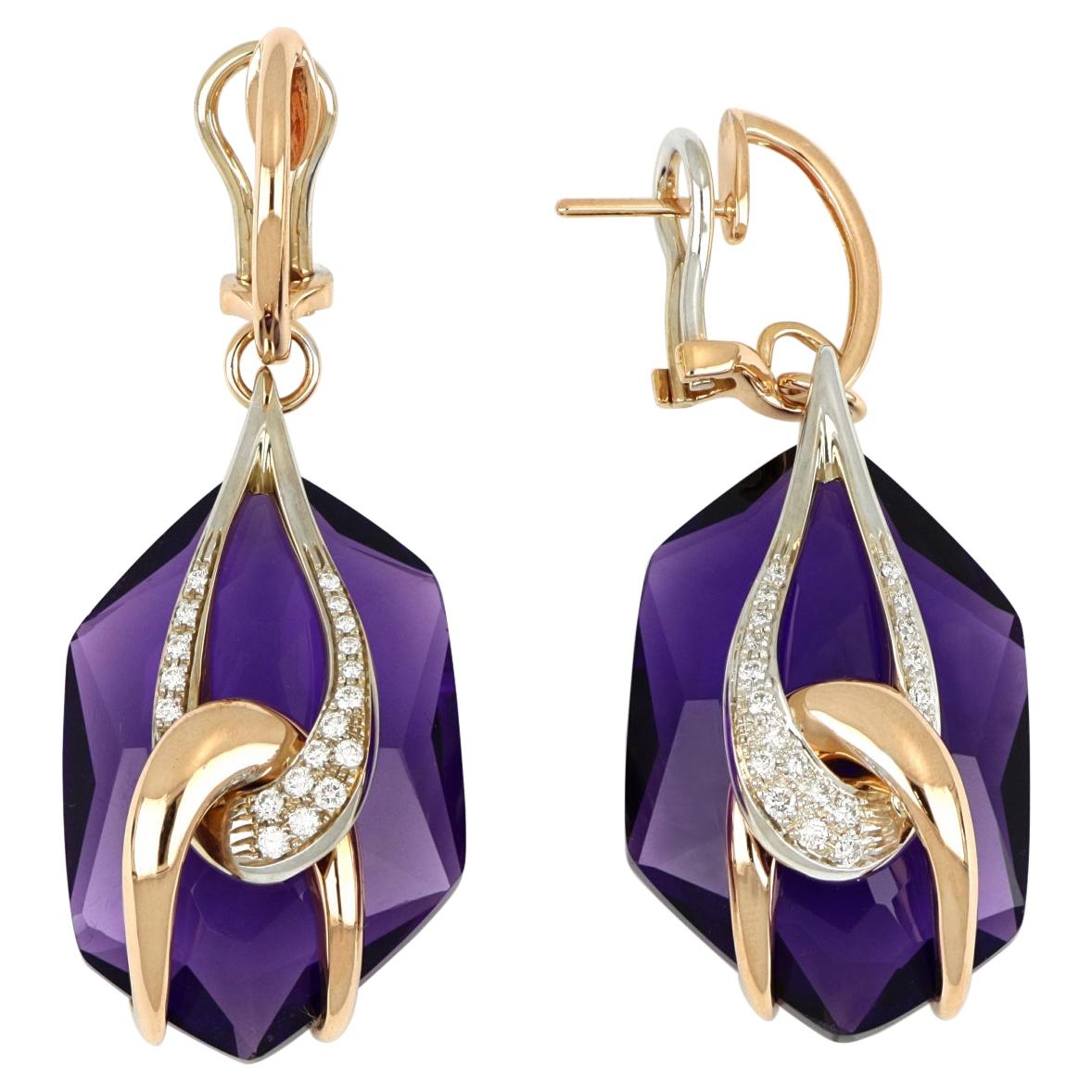 18kt Rose and White Gold Moon Chain Earrings with Amethyst and Diamonds For Sale
