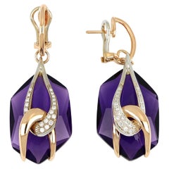 18kt Rose and White Gold Moon Chain Earrings with Amethyst and Diamonds