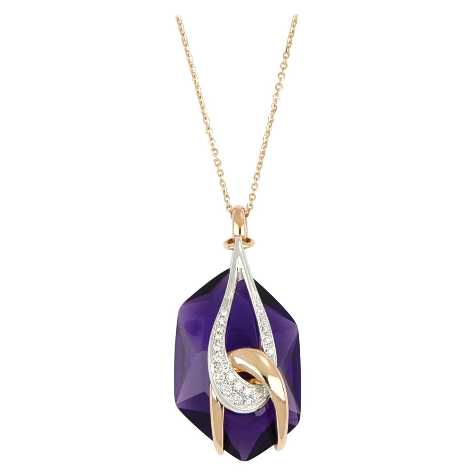 18kt Rose and White Gold Moon Chain Necklace with Amethyst and DIamonds For Sale