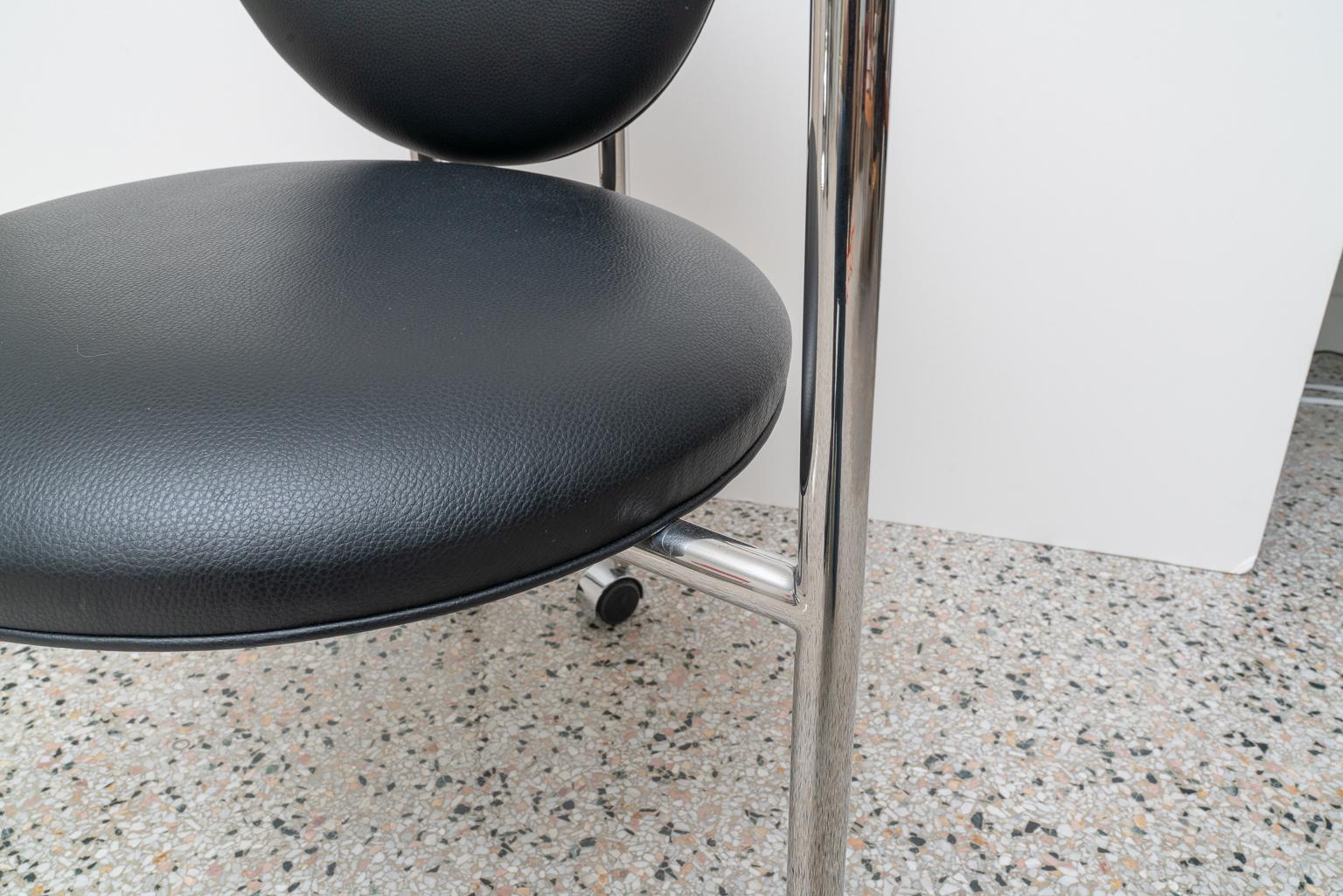 Polished  Black Leather and Chrome Arm Chair