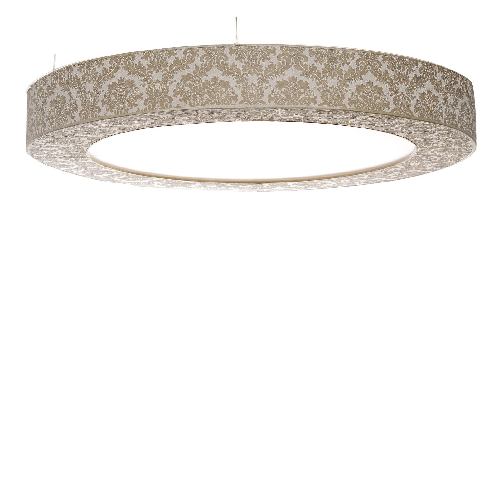 A celebration of earth satellite, this chandelier is in a perfect round shape whose rigorous geometry is given a traditional twist thanks to the damask print on the fabric upholstery in versatile neutral tones. The structure is in metal and supports