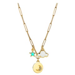 Moon Coin, Star & Cloud Pendant Necklace, 14K Yellow Gold with Enamel