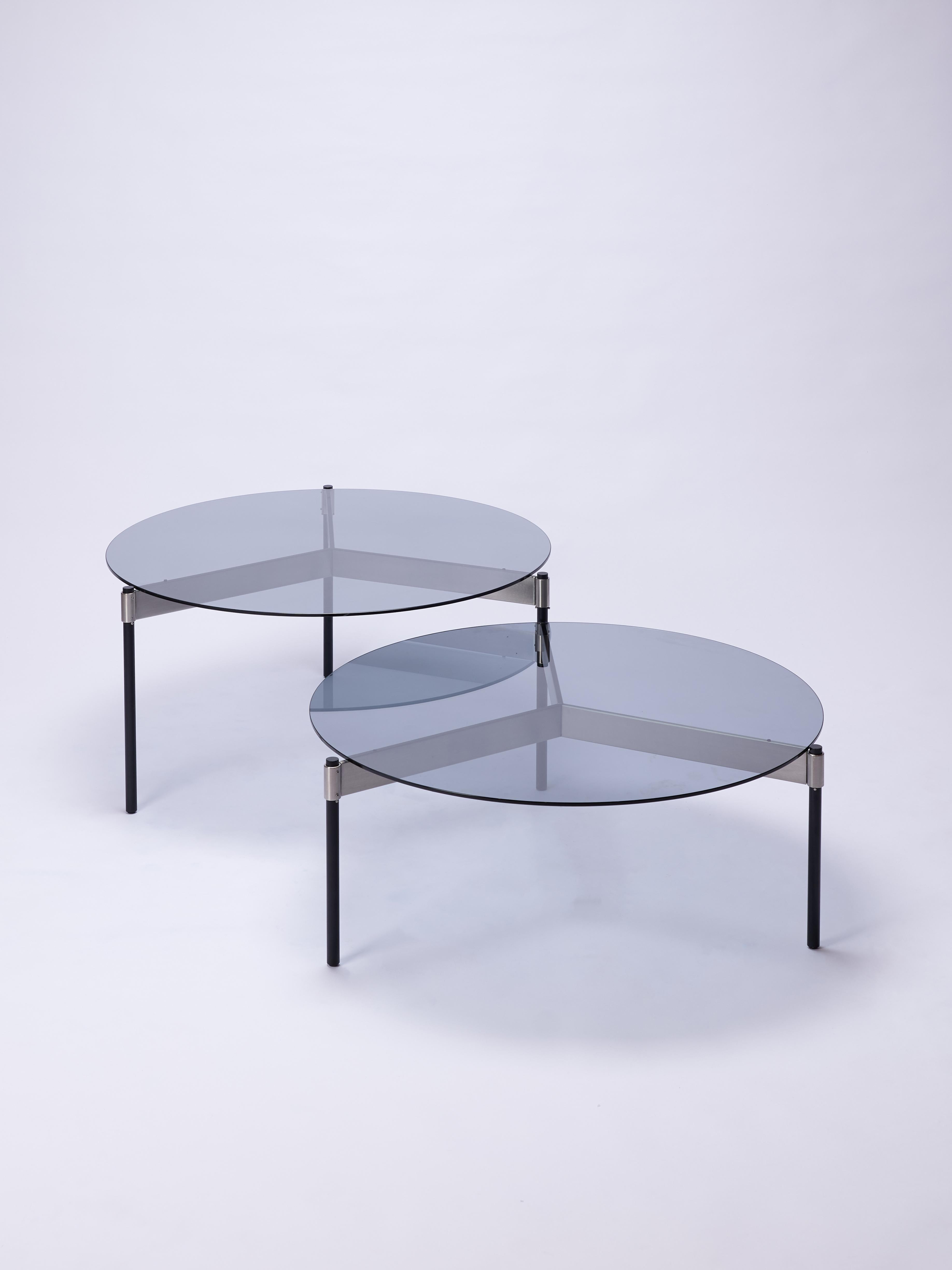 Argentine MOON Contemporary Round Coffee Table with Glass Tops and Steel Legs by Ries For Sale