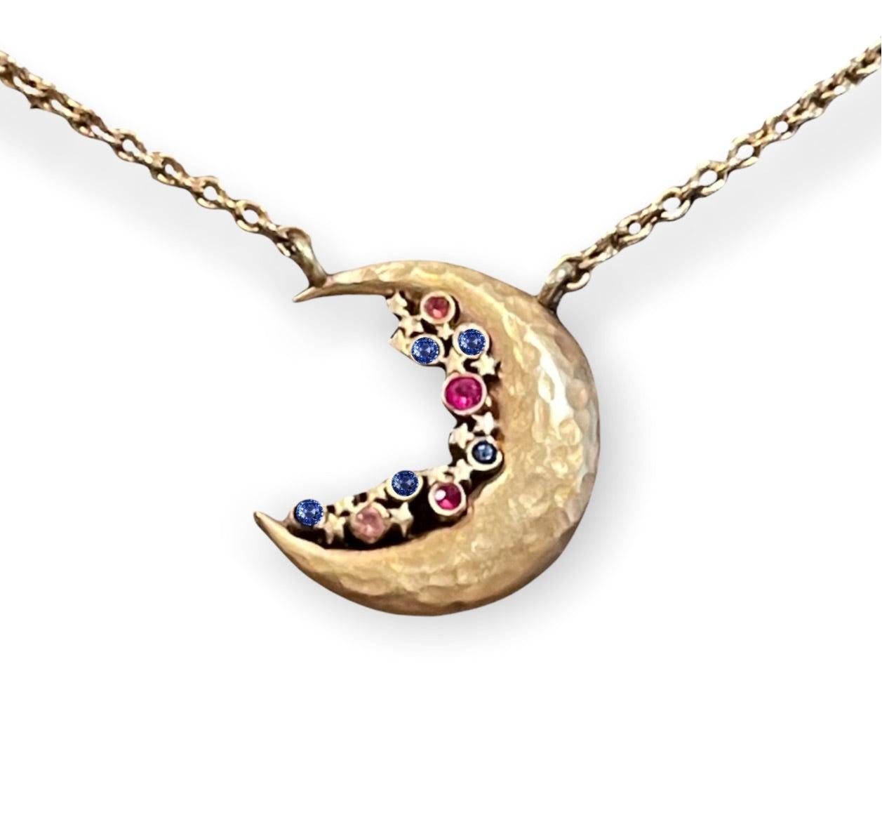 Art Deco Moon Crescent Sapphire Constellation Necklace in 14K Yellow Gold