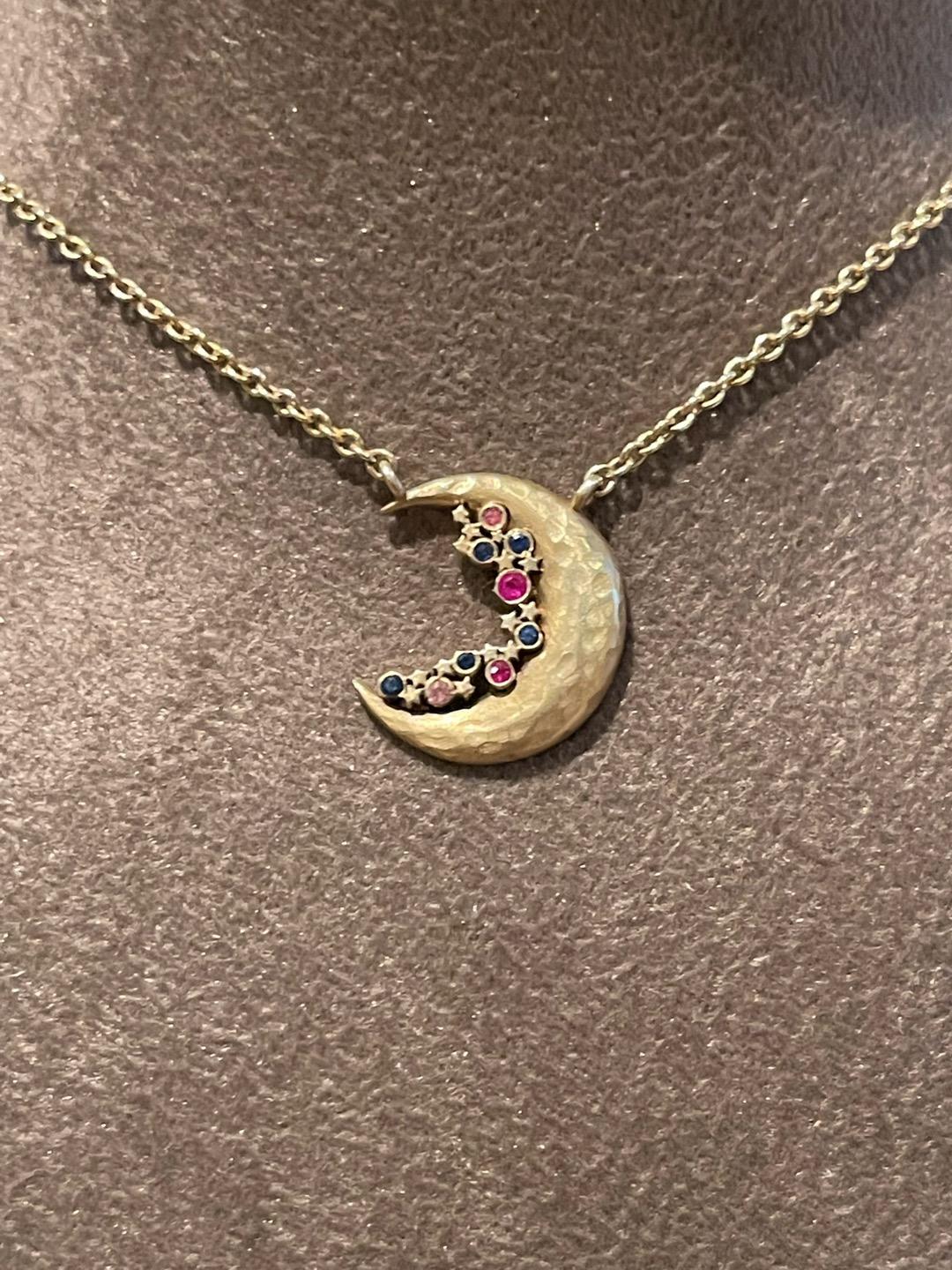 Moon Crescent Sapphire Constellation Necklace in 14K Yellow Gold In New Condition In London, GB