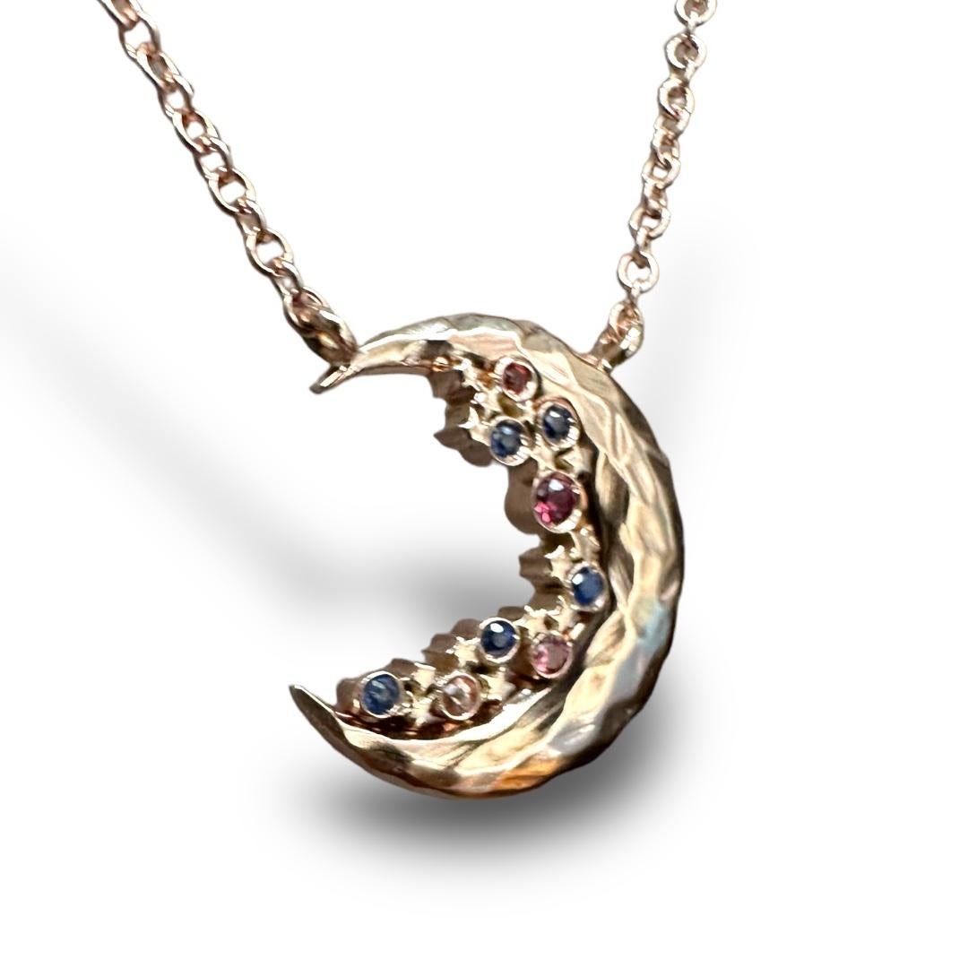 Moon Crescent Sapphire Constellation Necklace in 14K Yellow Gold 1