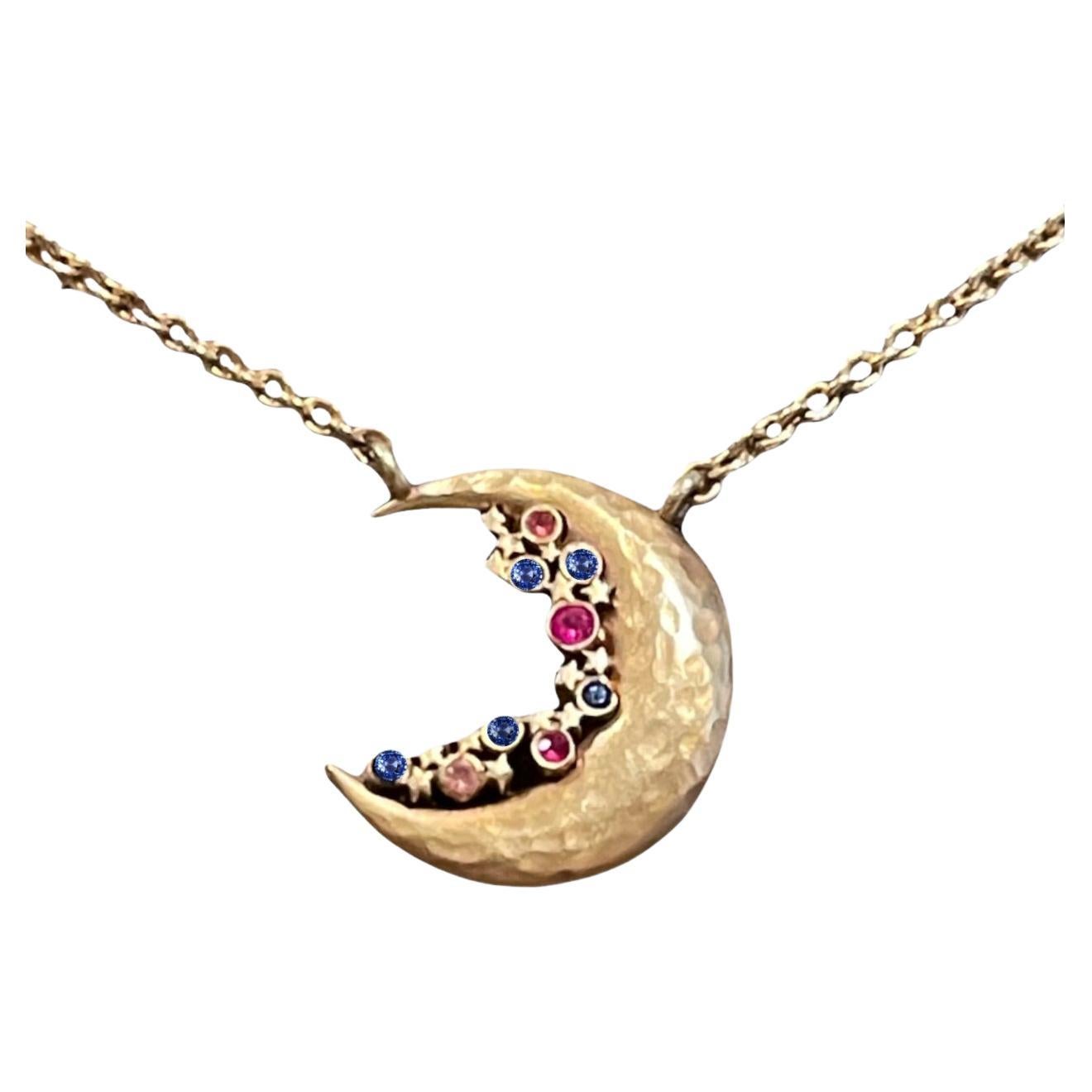 Moon Crescent Sapphire Constellation Necklace in 14K Yellow Gold