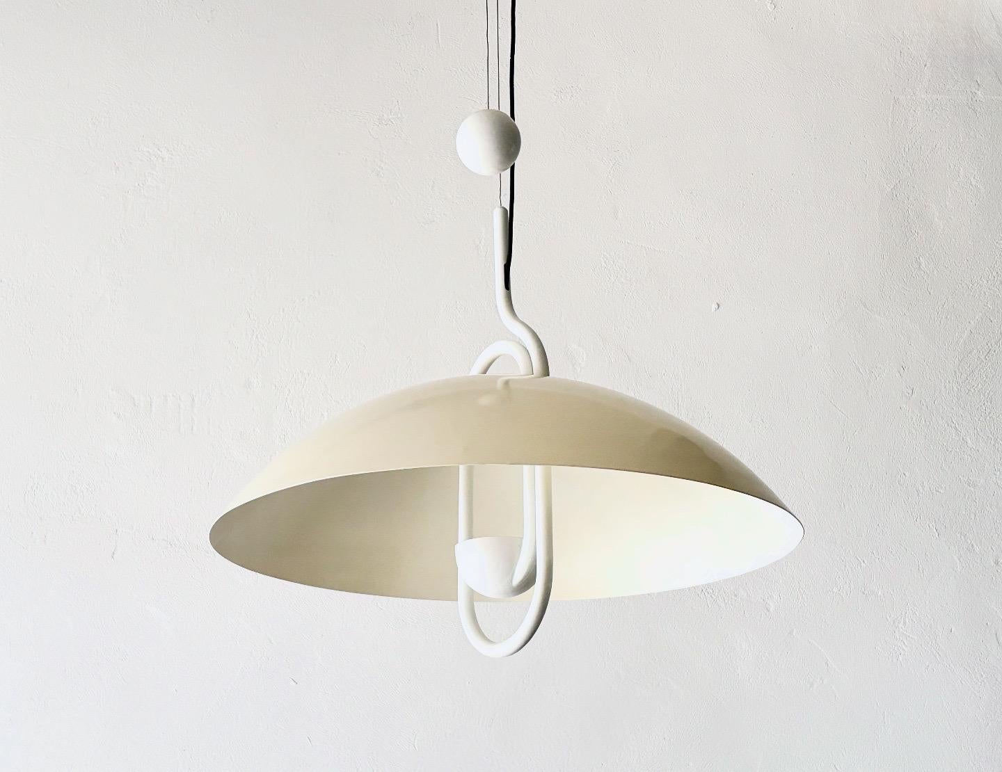 Large, postmodern Moon Dome ceiling light designed by Vico Magistretti for Italian manufacturer Elio Martinelli, Martinelli Luce 

White lacquered shade. Striking and part of Magistretti's design is the guide of the rope for stepless height