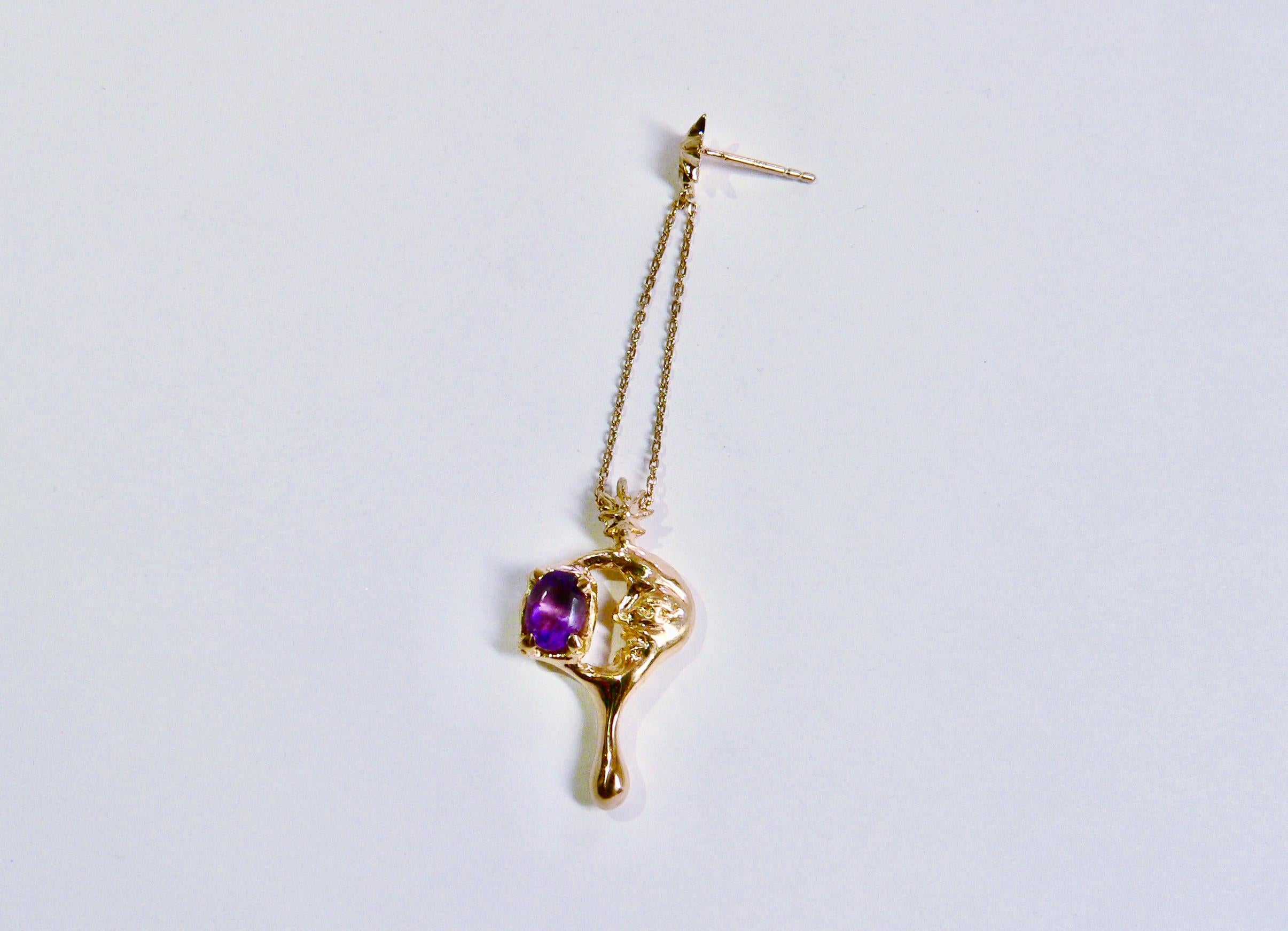 Artist Moon drop Single Earring with Amethyst, Gold-Plated Sterling Silver For Sale