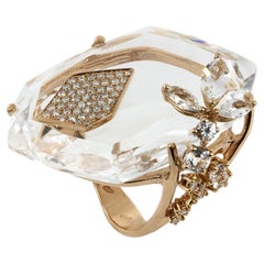 18 kt Rose Gold Moon Flowery Rose Ring White Topazes and Diamonds