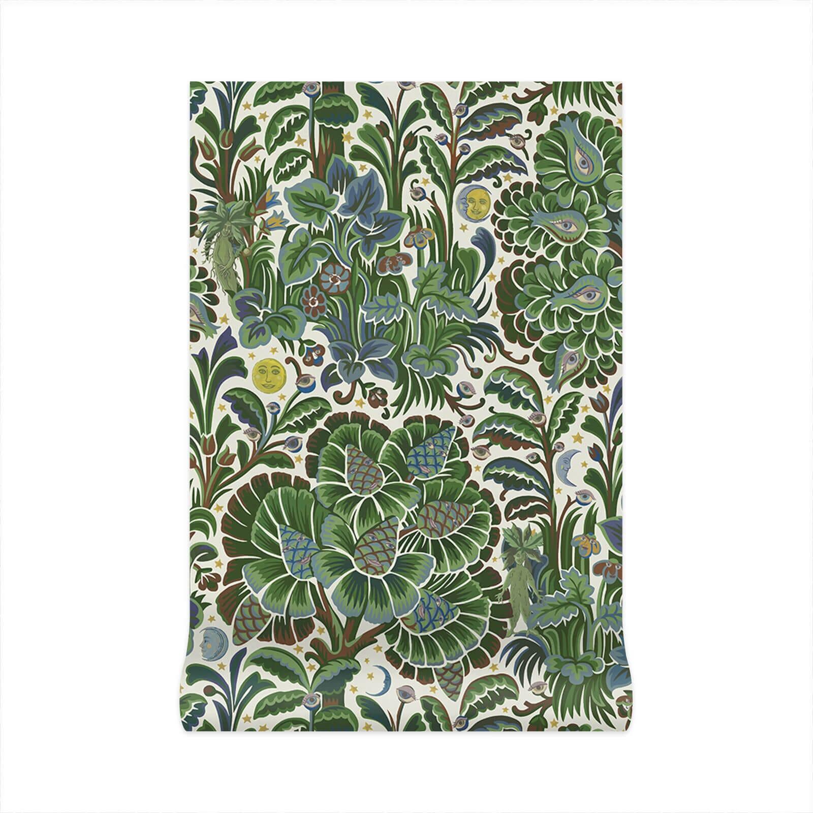 Baila bajo las estrellas y retoza a la luz de la luna con las mandrágoras del JARDÍN DE LA LUNA. Este papel pintado es un jardín de delicias terrenales, con plantas verdes, árboles arremolinados, criaturas fantásticas y las cuatro fases de la luna,