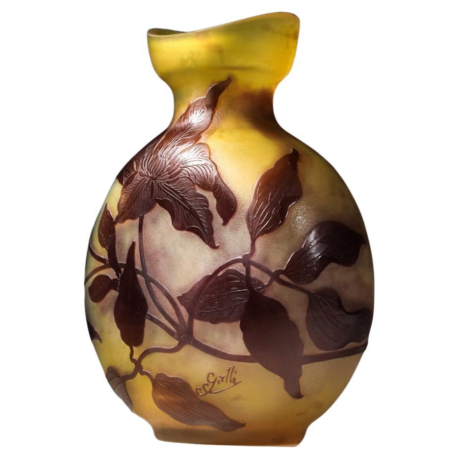 Moon glass vase by Emile Gallé with acid-etched clematis design 1940's