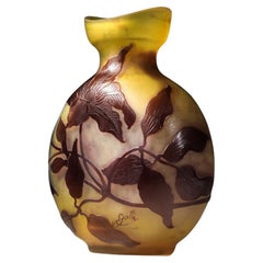 Moon glass vase by Emile Gallé with acid-etched clematis design 1940's