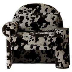 Moon Left Arm Lounge: Black Oak & Cow Print Upholstery by Hermhaus