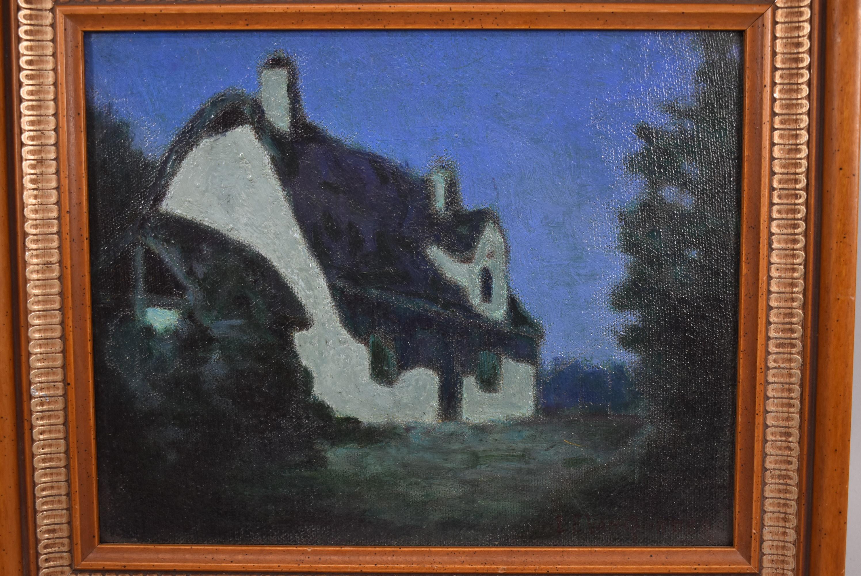 Moon lit illuminated oil painted image of a thatched roof house on canvas by Luther Van Gorder. Original gallery tag on the back. Signed lower right. Very good condition. Image size measures 9.63