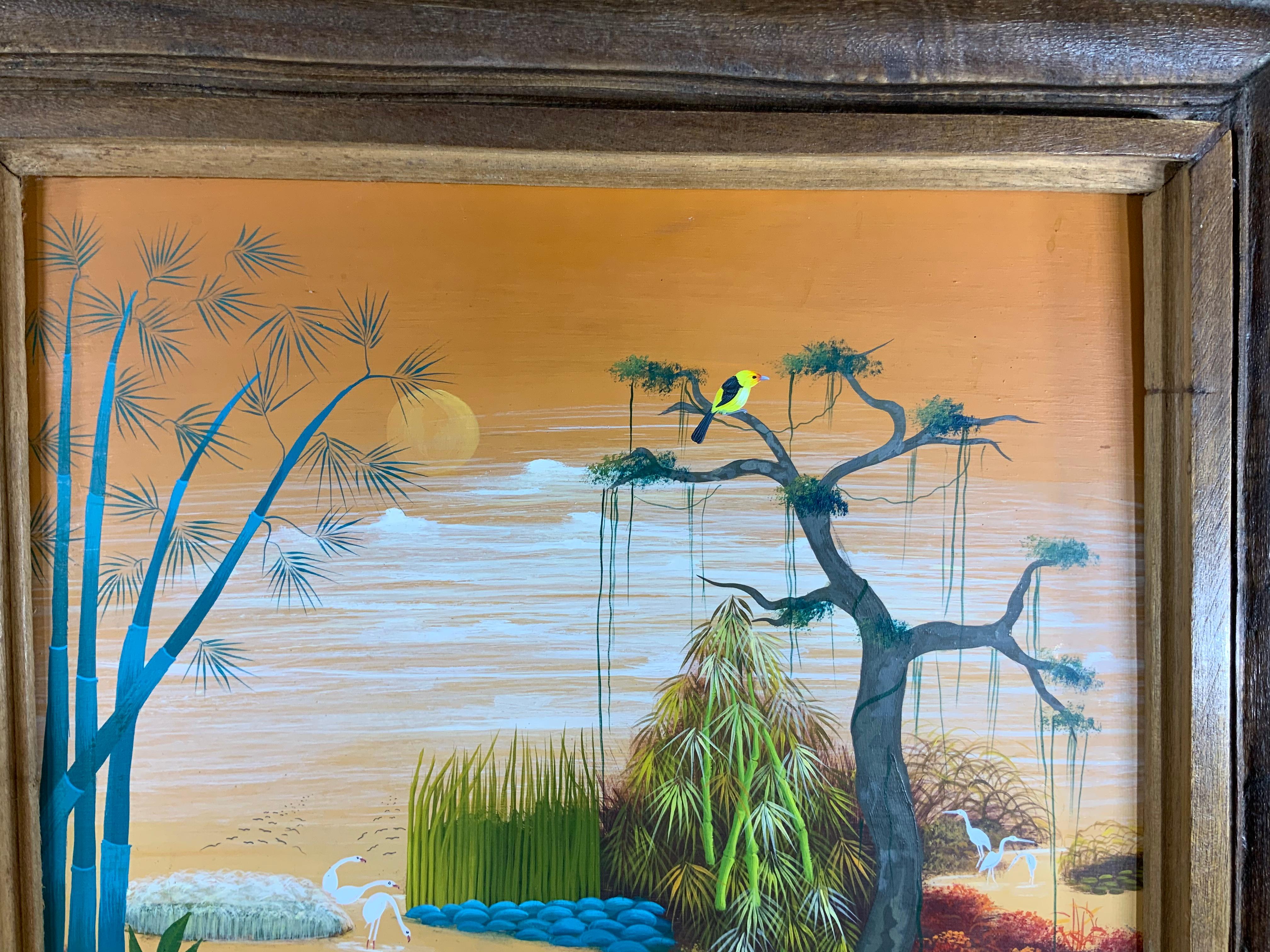 Exceptional oil painting by French/Haitian artist of mix of real or surrealism style beautiful vivid details of birds and landscapes over the moon. Signed by the artist.