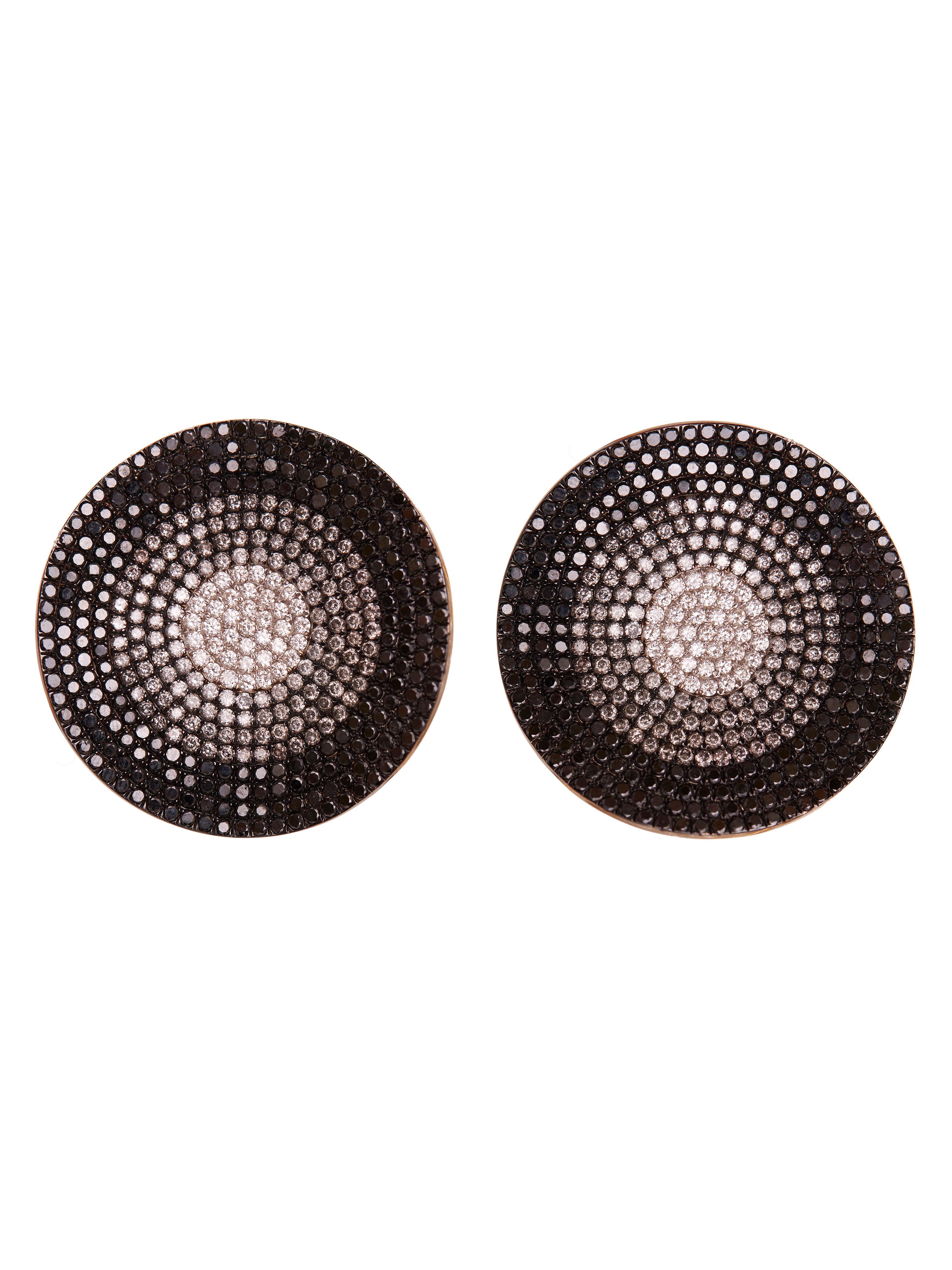 Moon Phase Disc Earrings in 18kt Gold, White Black & Grey Diamonds In New Condition For Sale In Mumbai, IN