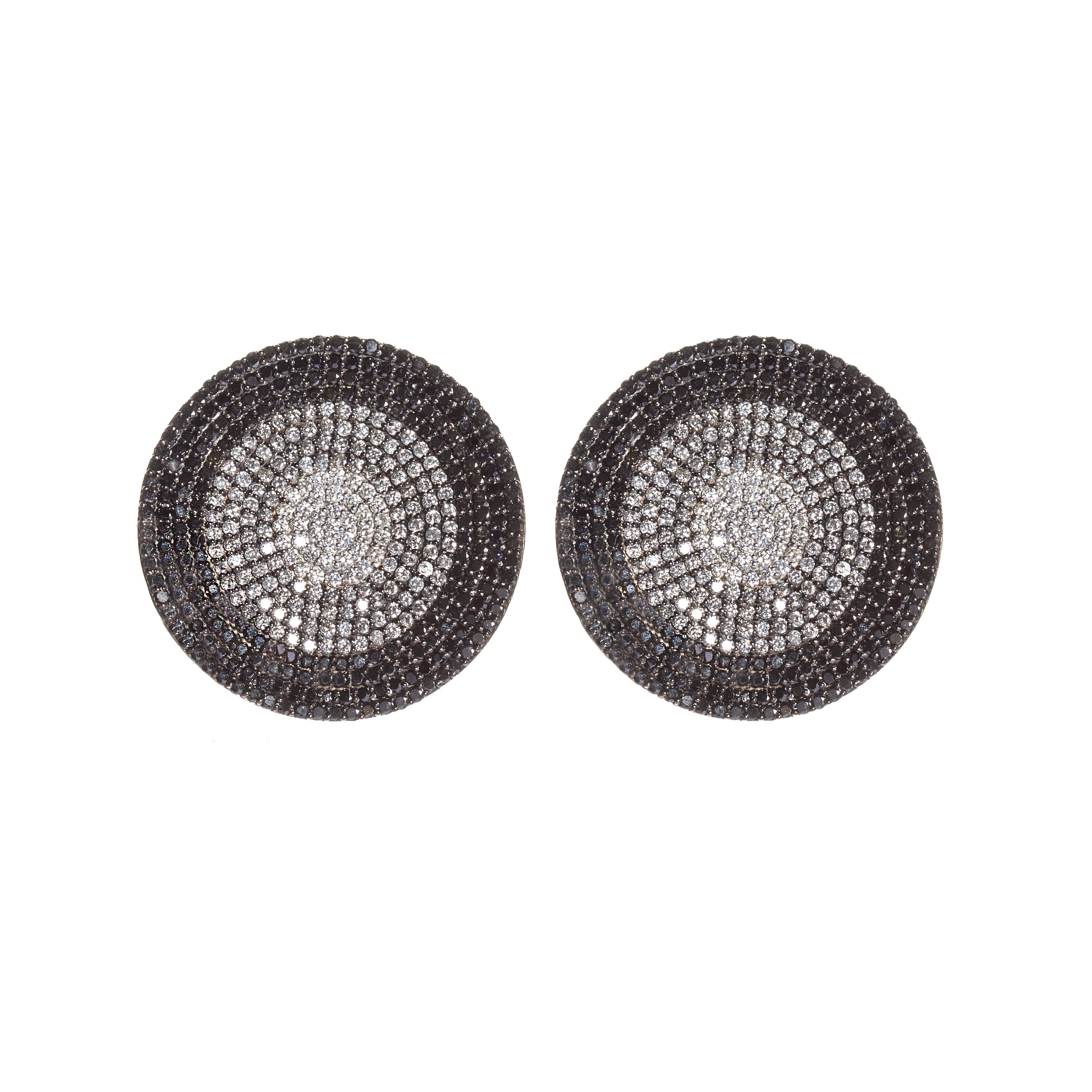 Contemporary Moon Phase Disc Earrings in 18 Karat Gold Set with White Black and Grey Diamonds For Sale