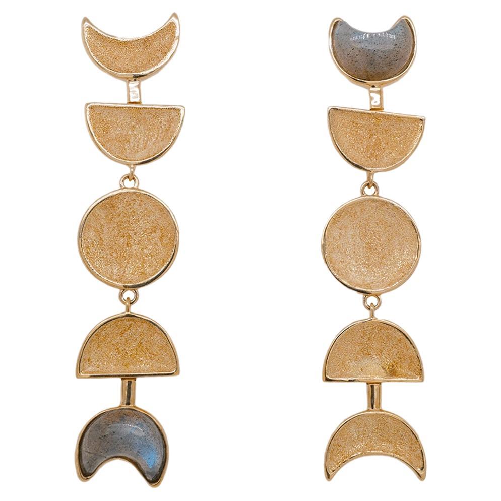 Moon Phase Earrings 12.6GMS 14K Yellow Gold 1ct Labradorite For Sale
