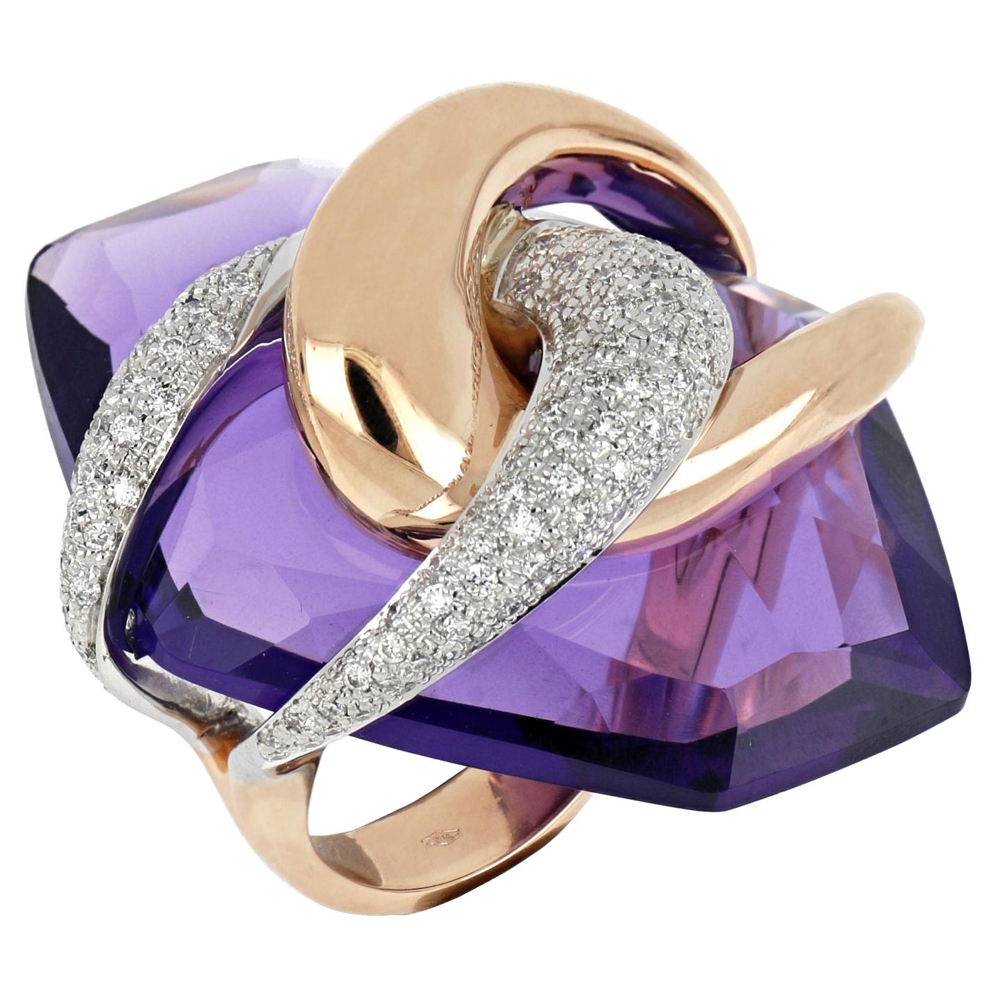Grande bague en or blanc et rose 18 carats avec améthyste violette de lune enrichie de diamants
