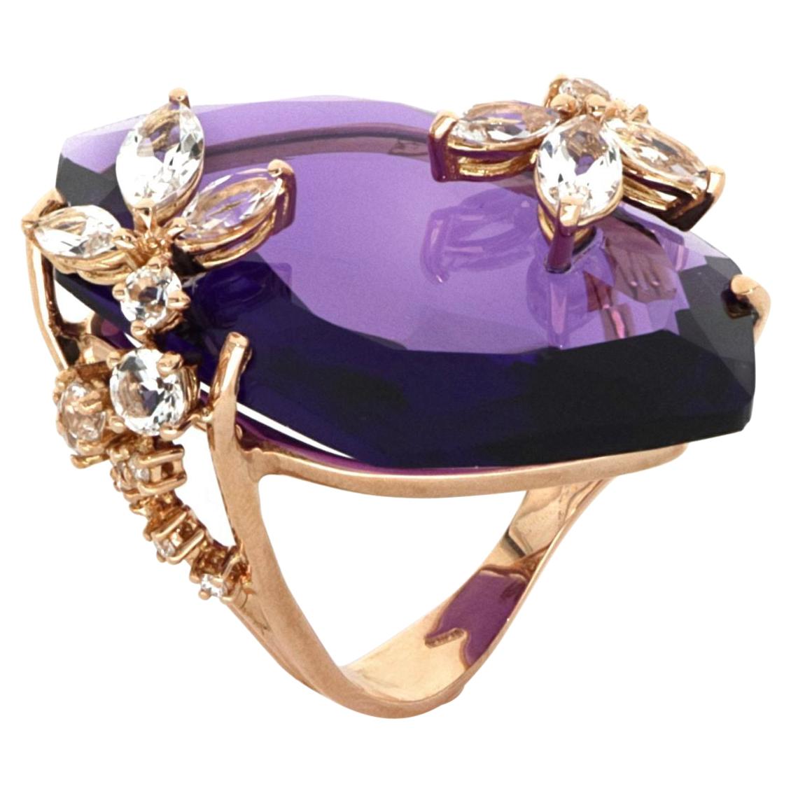 For Sale:  18 Kt Rose Gold Moon Purple Amethyst Ring with Topazes and Diamonds