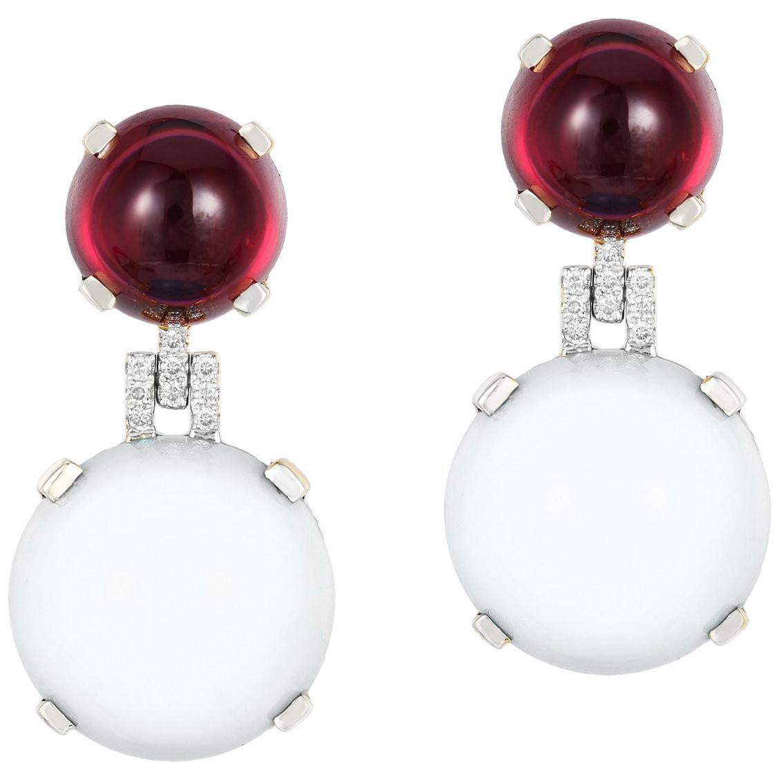 Goshwara Moon Quartz & Garnet Double Cab With Diamond Earrings