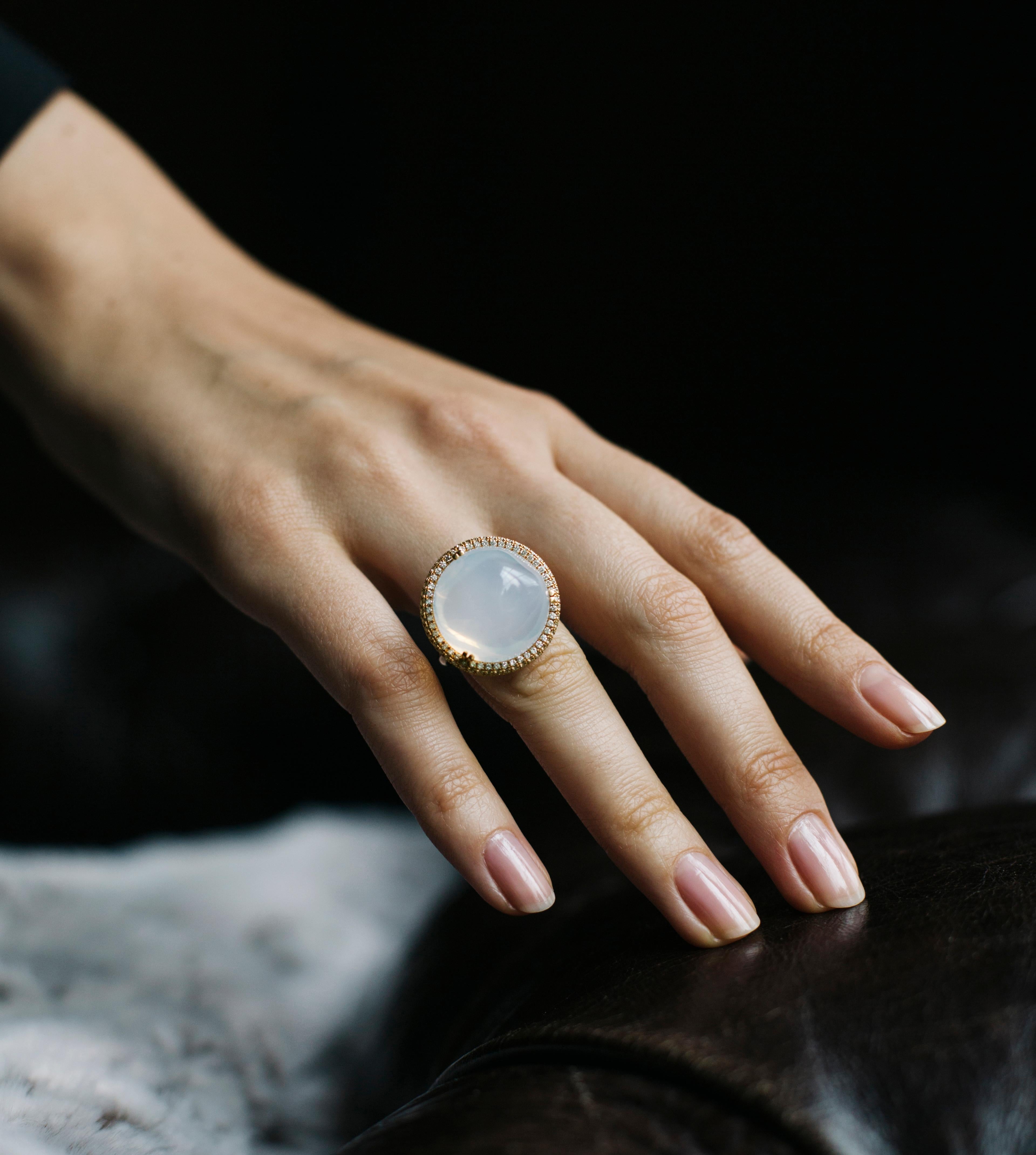 Moon Quartz Bubble Gum Ring with Diamonds in 18k Yellow Gold, from 'Rock N Roll' Collection

*Gemstone Size: 19 mm
*Approx. Gemstone Weight: 35.60 Carats (Moon Quartz)
*100% Earth-Mined 

*Approx. Diamond Weight: 0.59 Carats
* 100% Natural