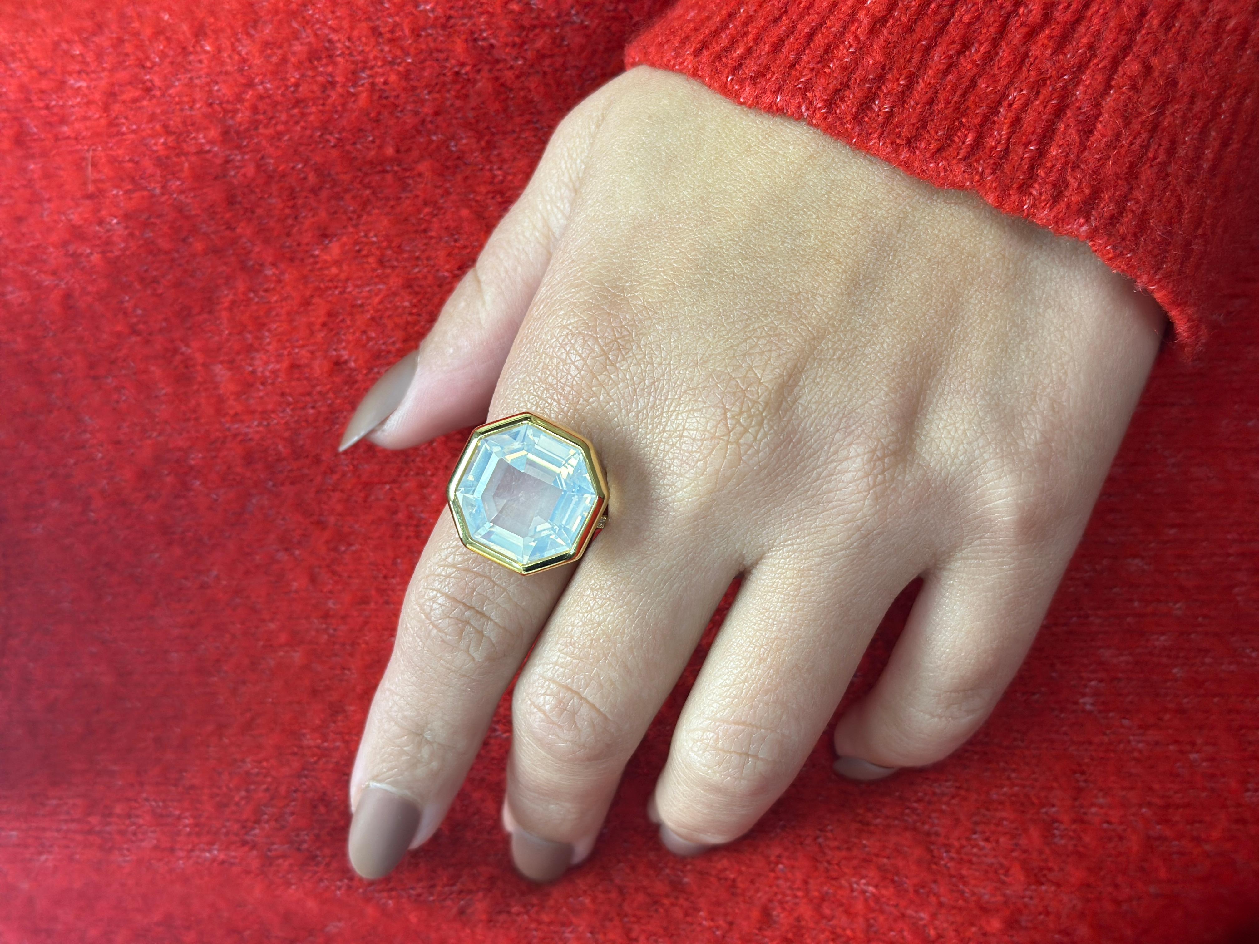 For Sale:  Moon Quartz & Diamond Octagon Ring in 18K Yellow Gold 2