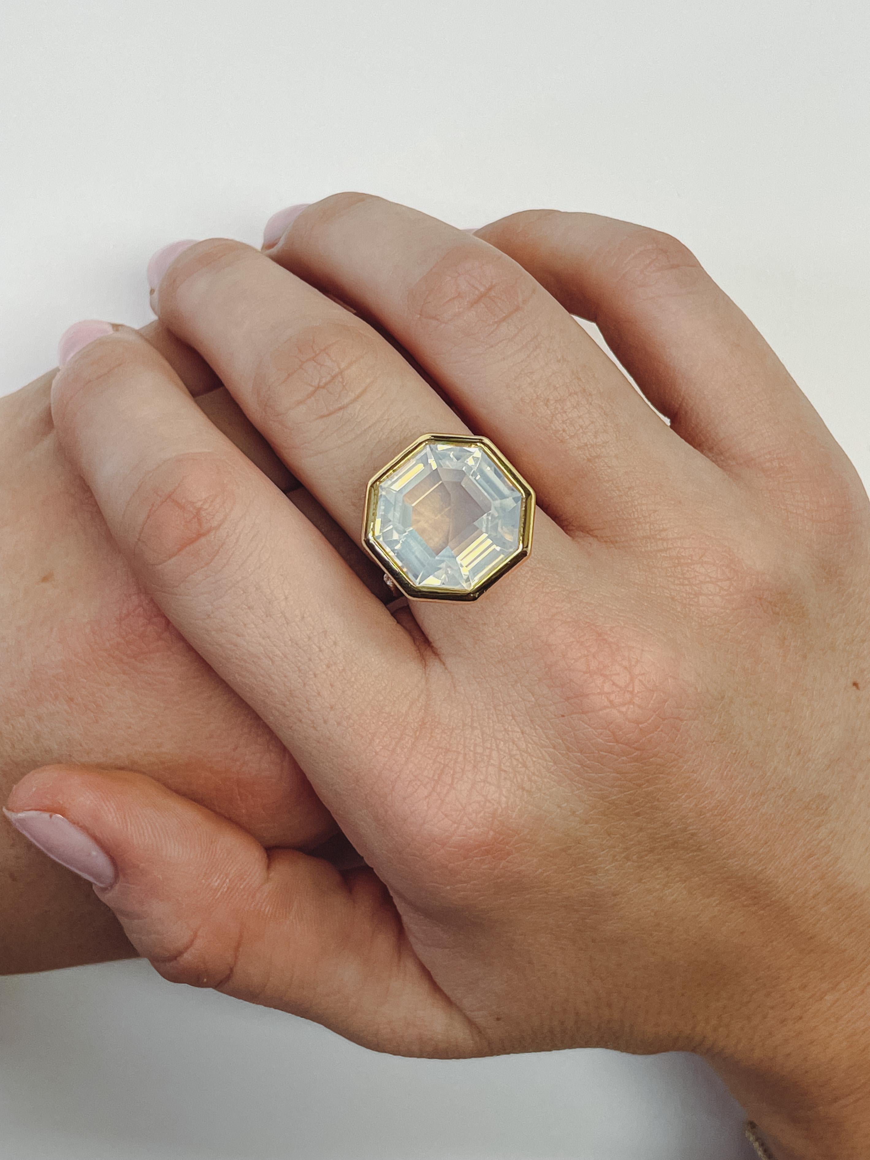 For Sale:  Moon Quartz & Diamond Octagon Ring in 18K Yellow Gold 3