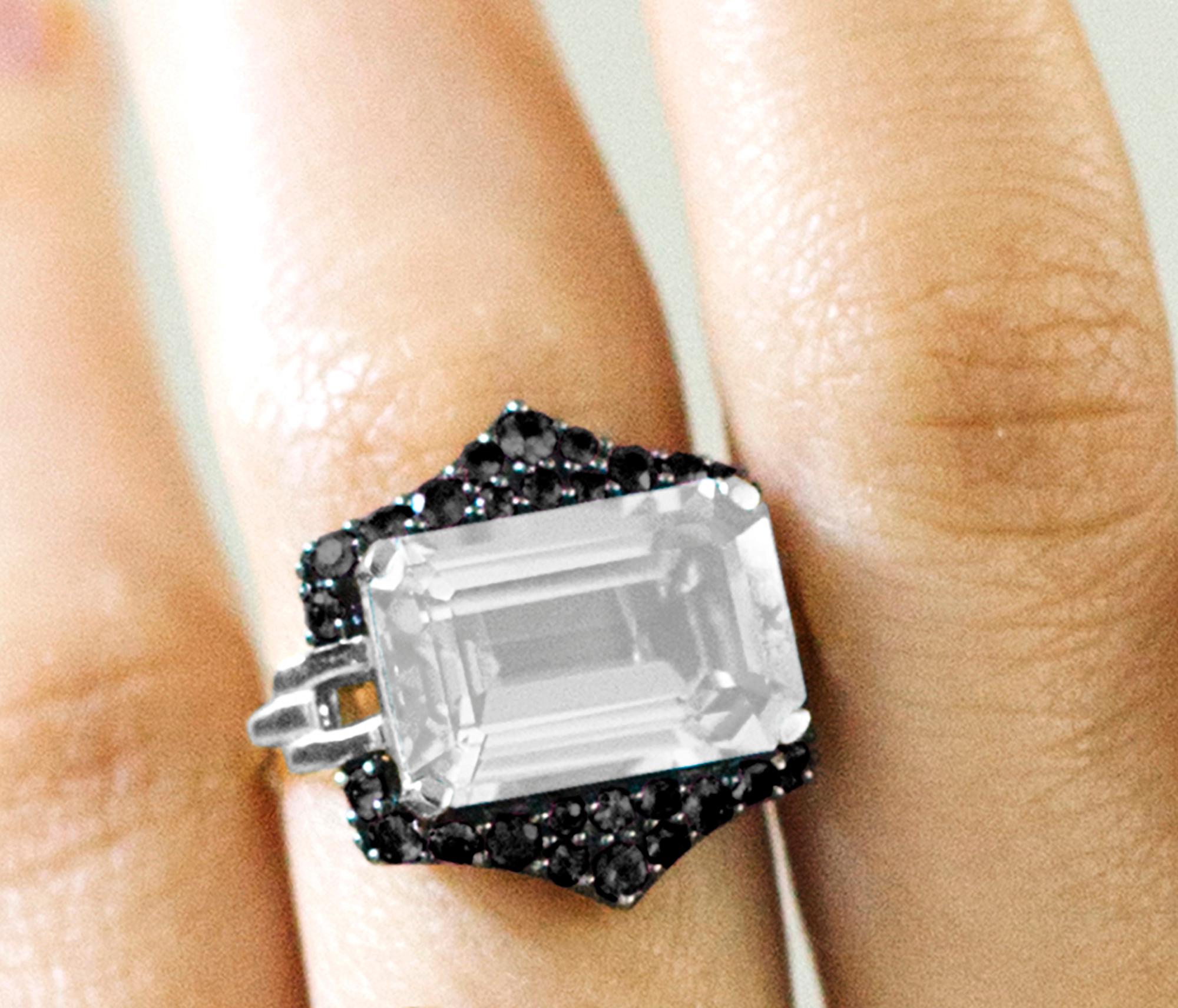 Contemporary Goshwara Emerald Cut Moon Quartz And Black Diamond Ring For Sale