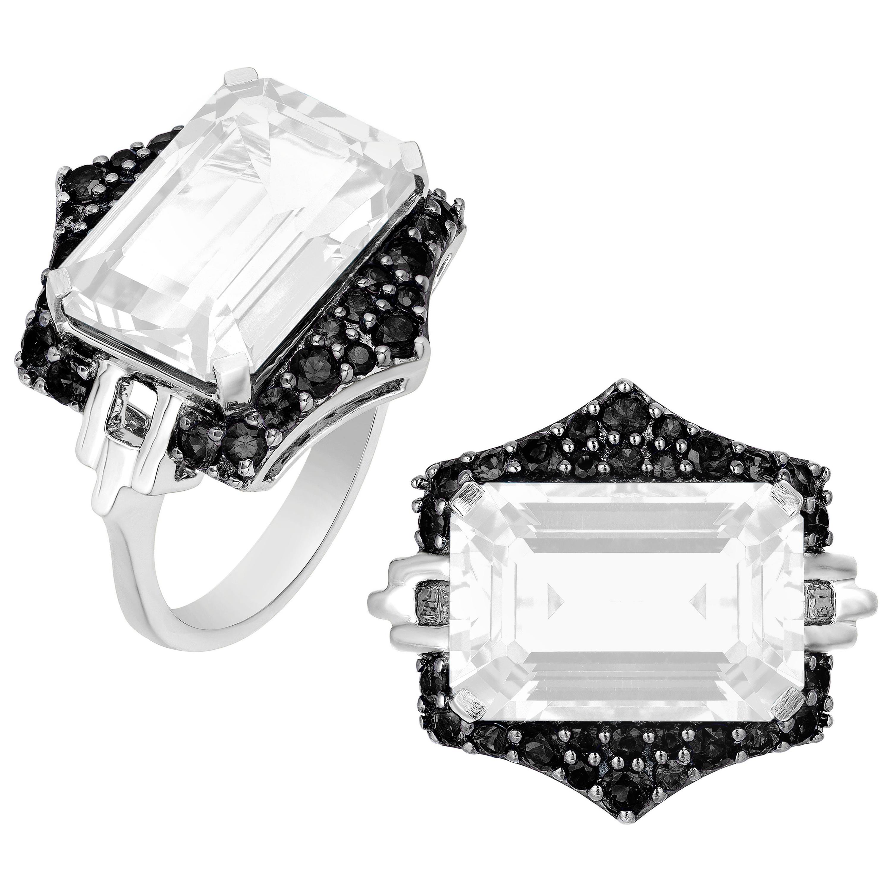 Goshwara Emerald Cut Moon Quartz And Black Diamond Ring For Sale