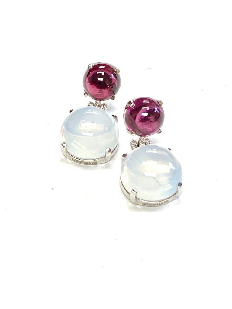 Moon Quartz & Garnet Double Cab Earring with Diamonds Accent in 18K White Gold, from 'Rock N Roll' Collection

Stone Size: 8 & 12 mm

Gemstone Weight: 21.4 Carats

Diamond: G-H / VS, Approx Wt: 0.11 Carats