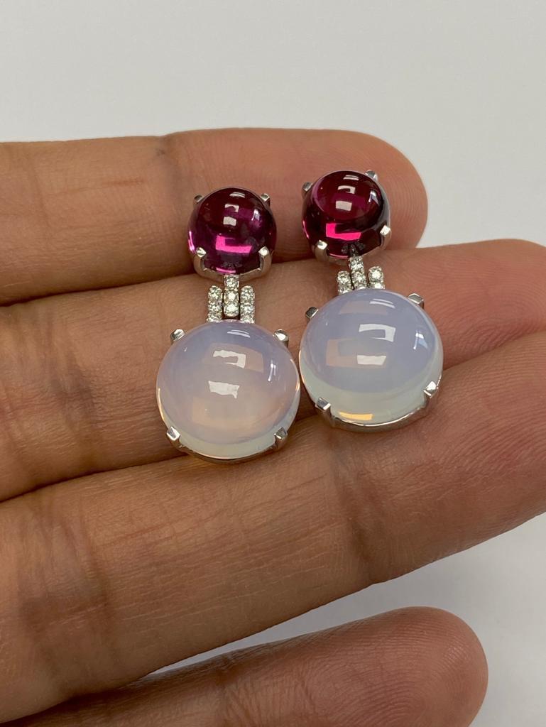 Contemporary Goshwara Moon Quartz & Garnet Double Cab With Diamond Earrings