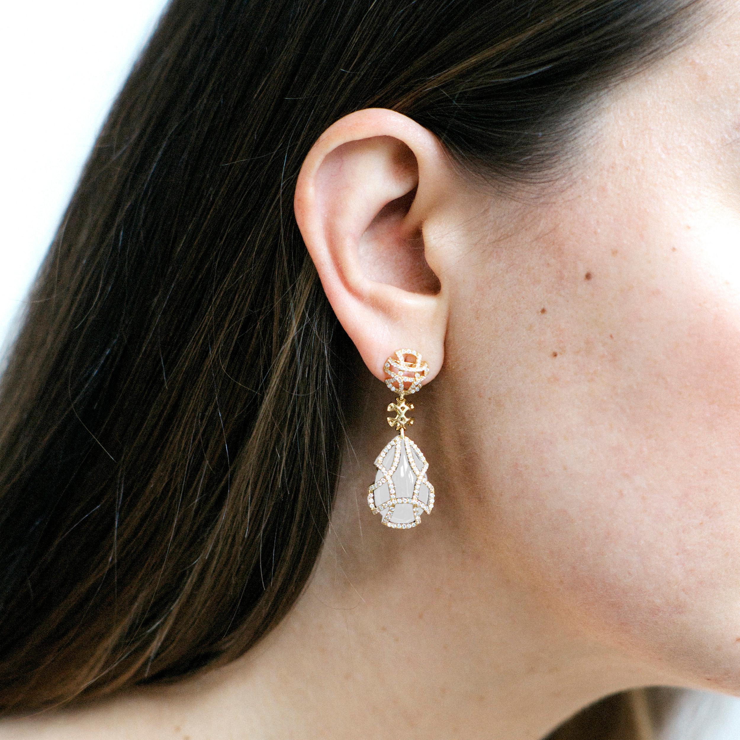 Contemporary Goshwara Pear Shape Moon Quartz Teardrop Cage And Diamond Earrings For Sale