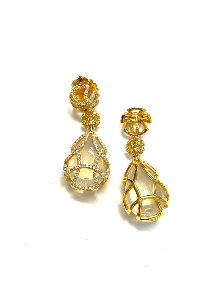 Pear Cut Goshwara Pear Shape Moon Quartz Teardrop Cage And Diamond Earrings For Sale