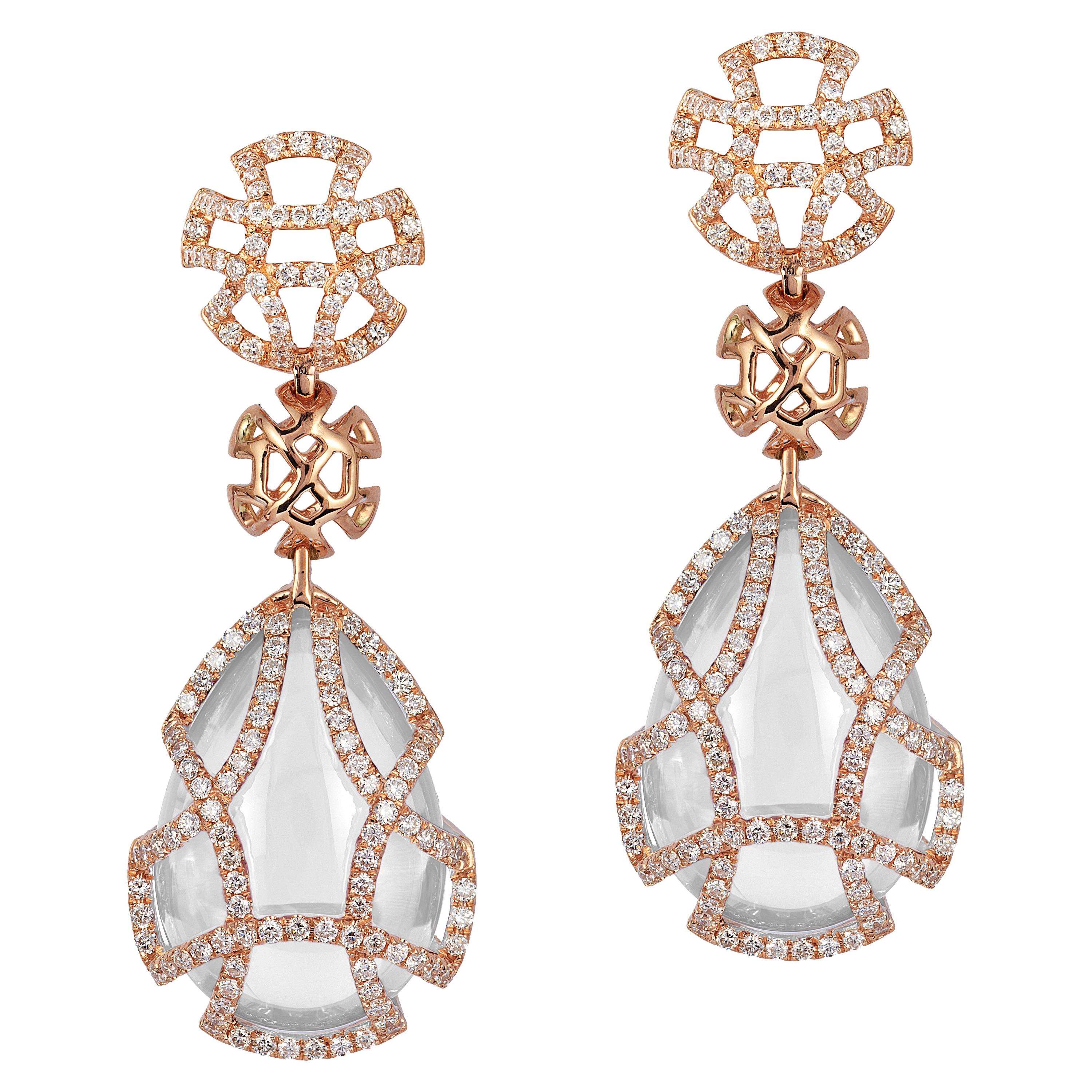 Goshwara Pear Shape Moon Quartz Teardrop Cage And Diamond Earrings