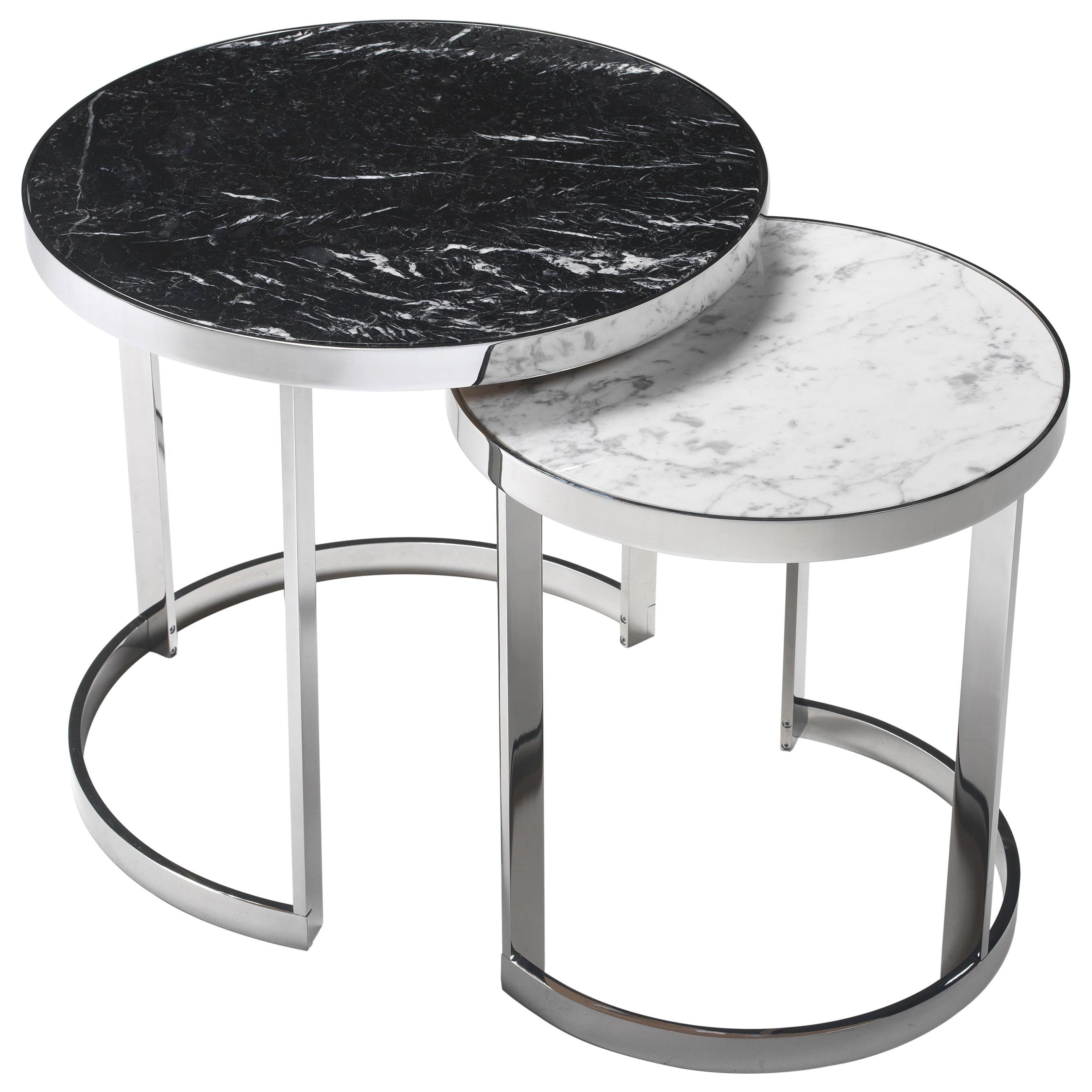 Moon Set of Two Side Tables with Metal Chrome Base and Marble Top by Zanaboni