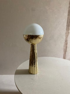 Moon Shaped Hammered Brass and Glass Table Lamp, Italy
