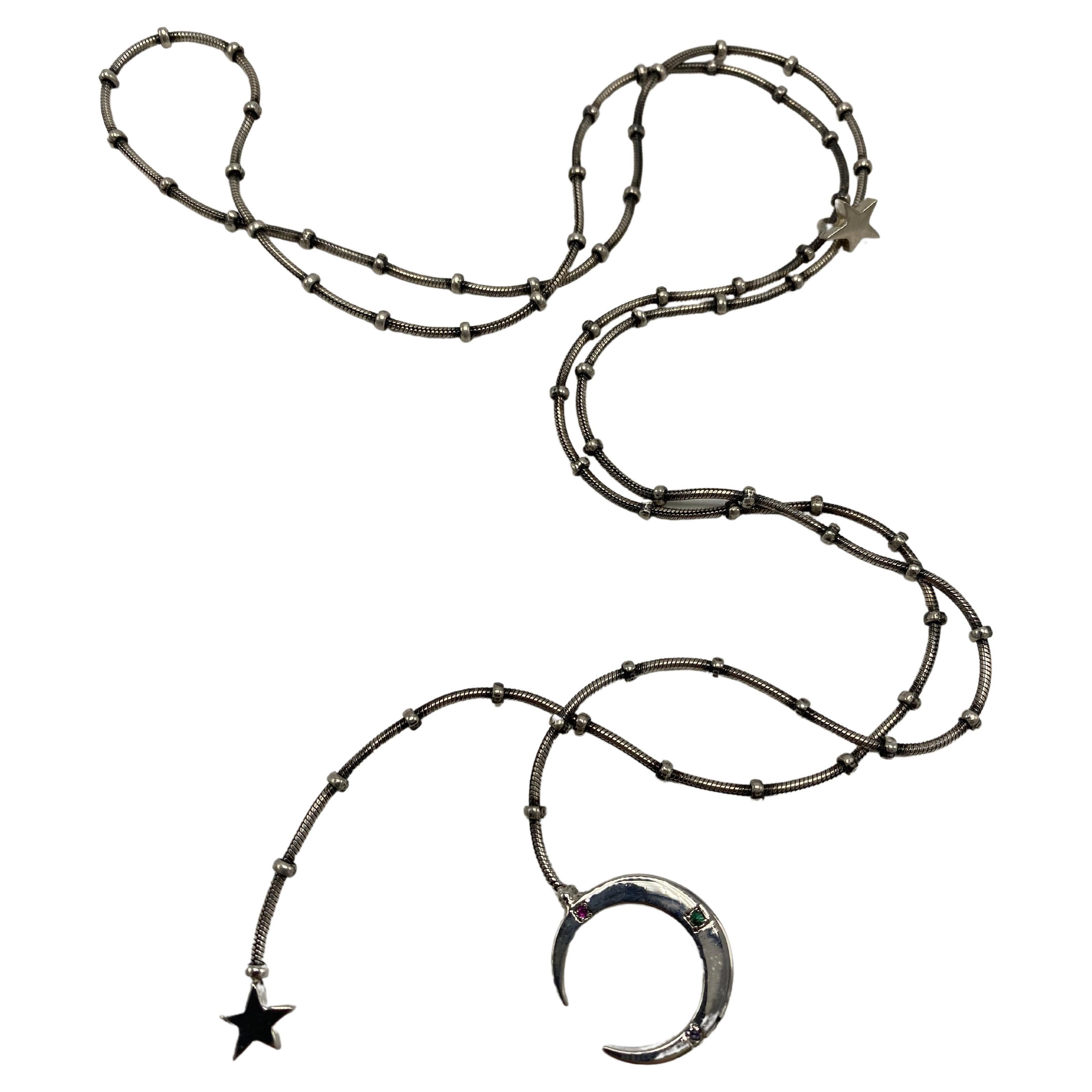 Collar Estrella Lunar Esmeralda Rubí Zafiro Creciente Cadena de Plata J DAUPHIN