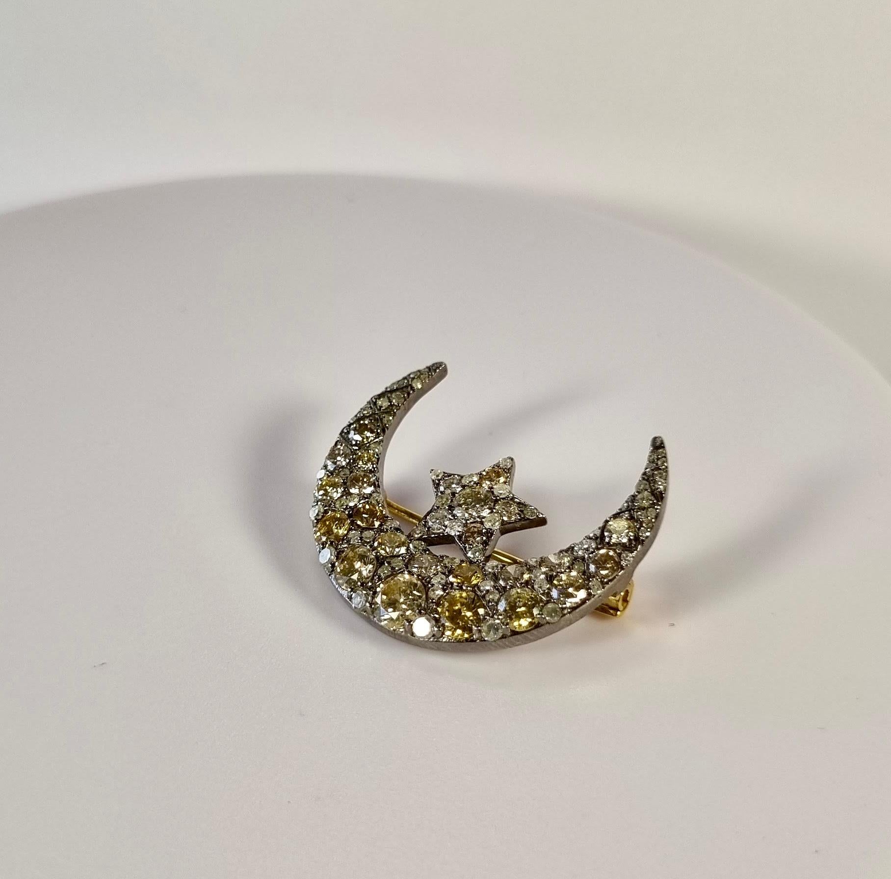 Moon & Star  Gold and silver Diamond Brooche
14k gold  1.29gr
Silver 3gr
Diamonds 94 diamonds 4.19ct. 

READY TO SHIP
*Shipment of this piece is not affected by COVID-19. Orders welcome!

PRADERA is a second generation of a family run business