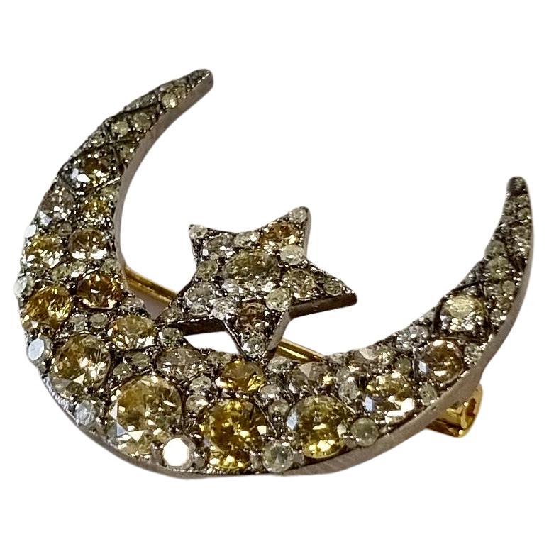 Moon & Star Gold and Silver Diamond Brooche For Sale