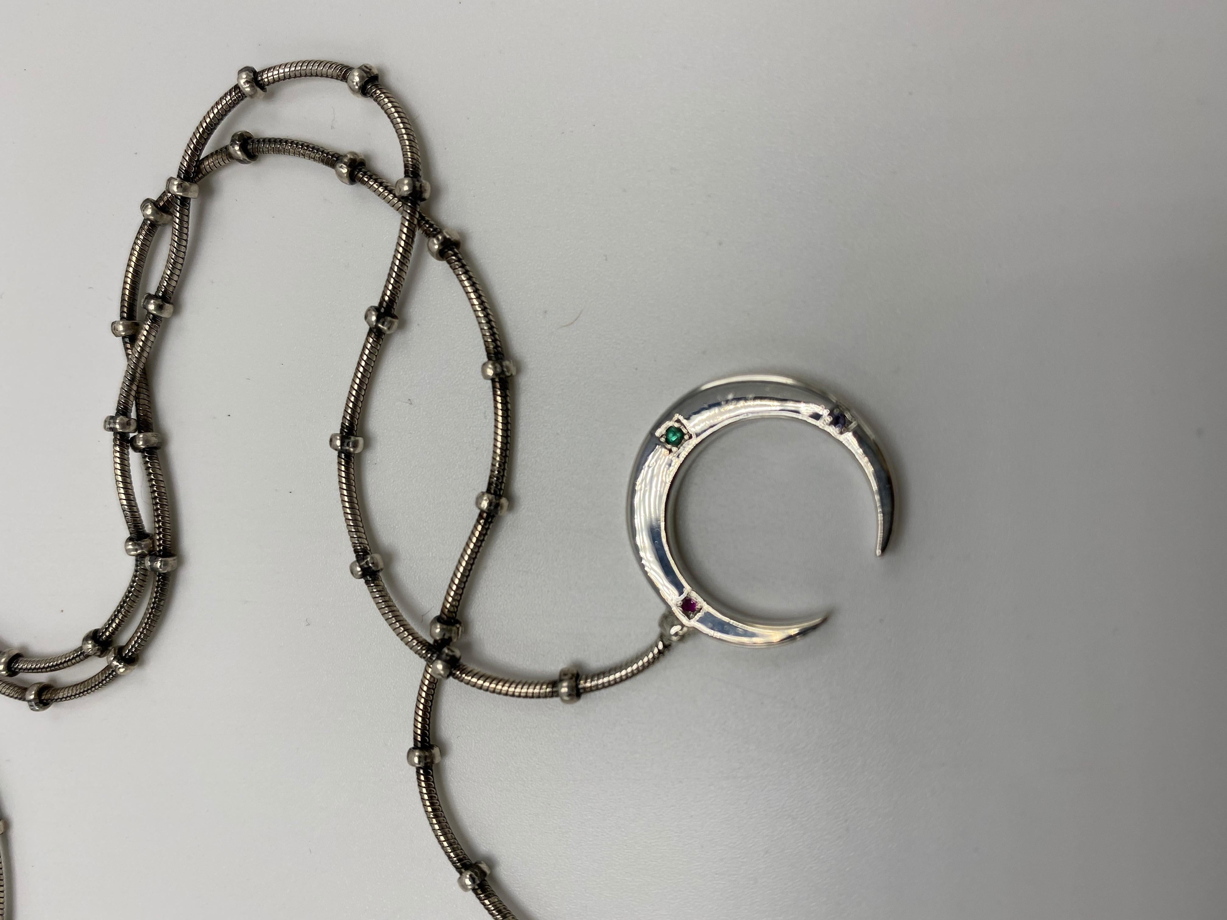 Collar Estrella Lunar Cadena de Plata Granate Verde Rubí Tanzanita Media Luna Contemporáneo en venta