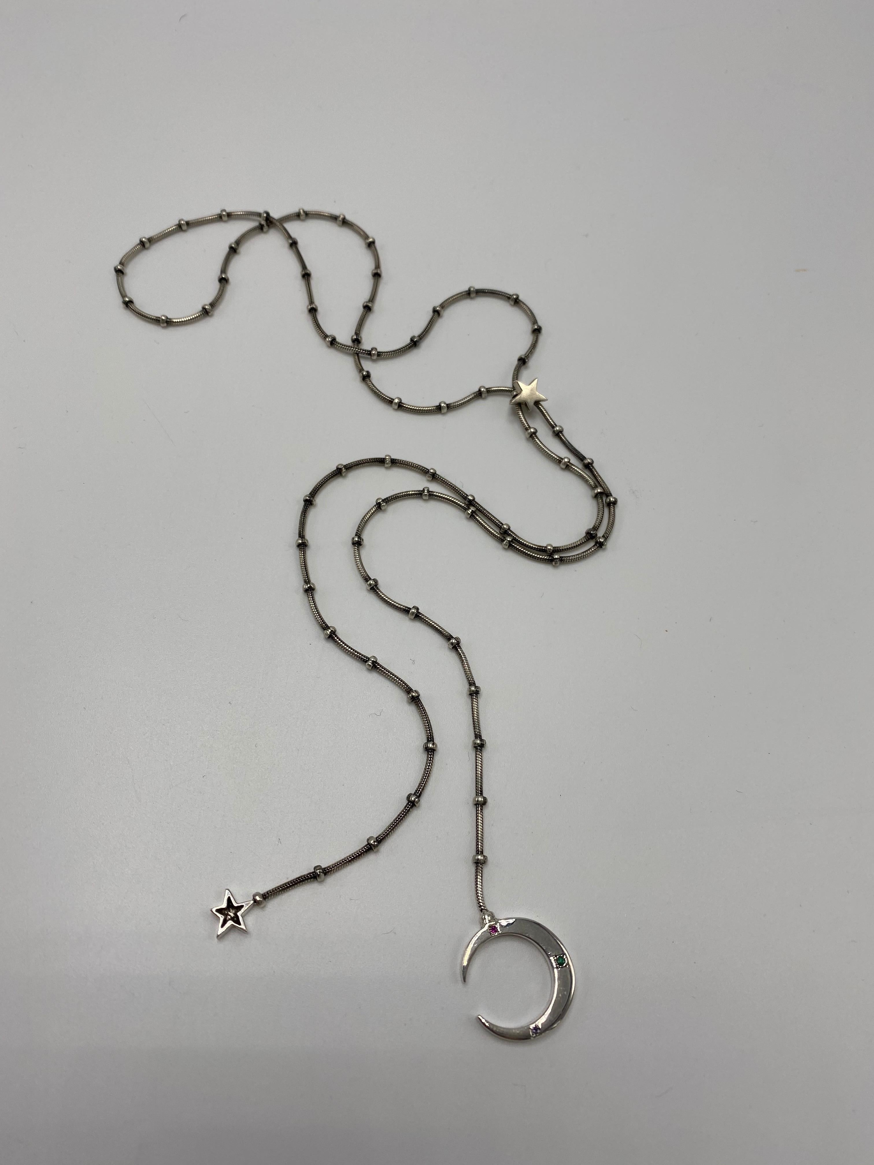 Collar Estrella Lunar Cadena de Plata Granate Verde Rubí Tanzanita Media Luna en Nuevo estado para la venta en Los Angeles, CA
