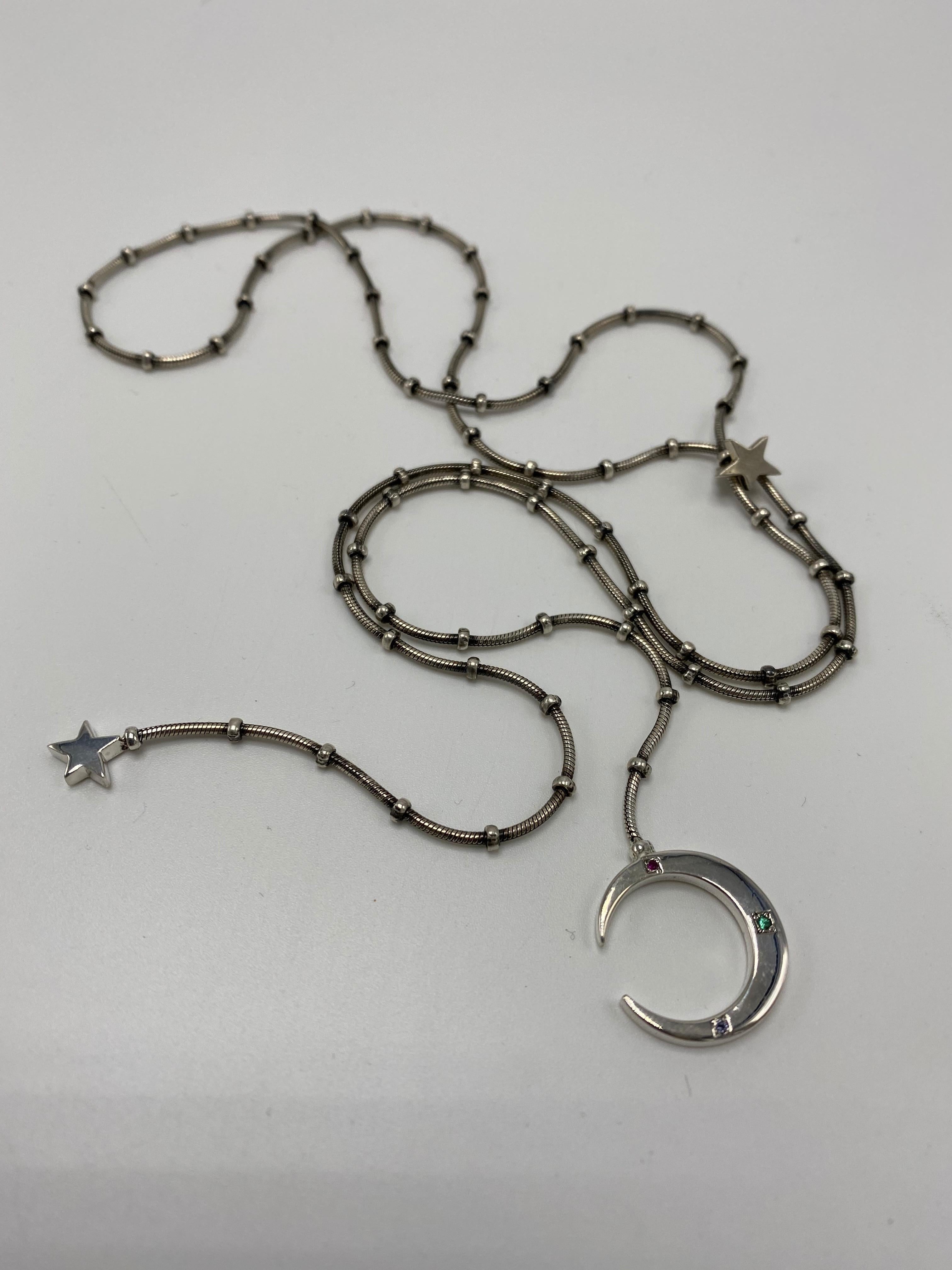 Collar Estrella Lunar Cadena de Plata Granate Verde Rubí Tanzanita Media Luna en venta 2