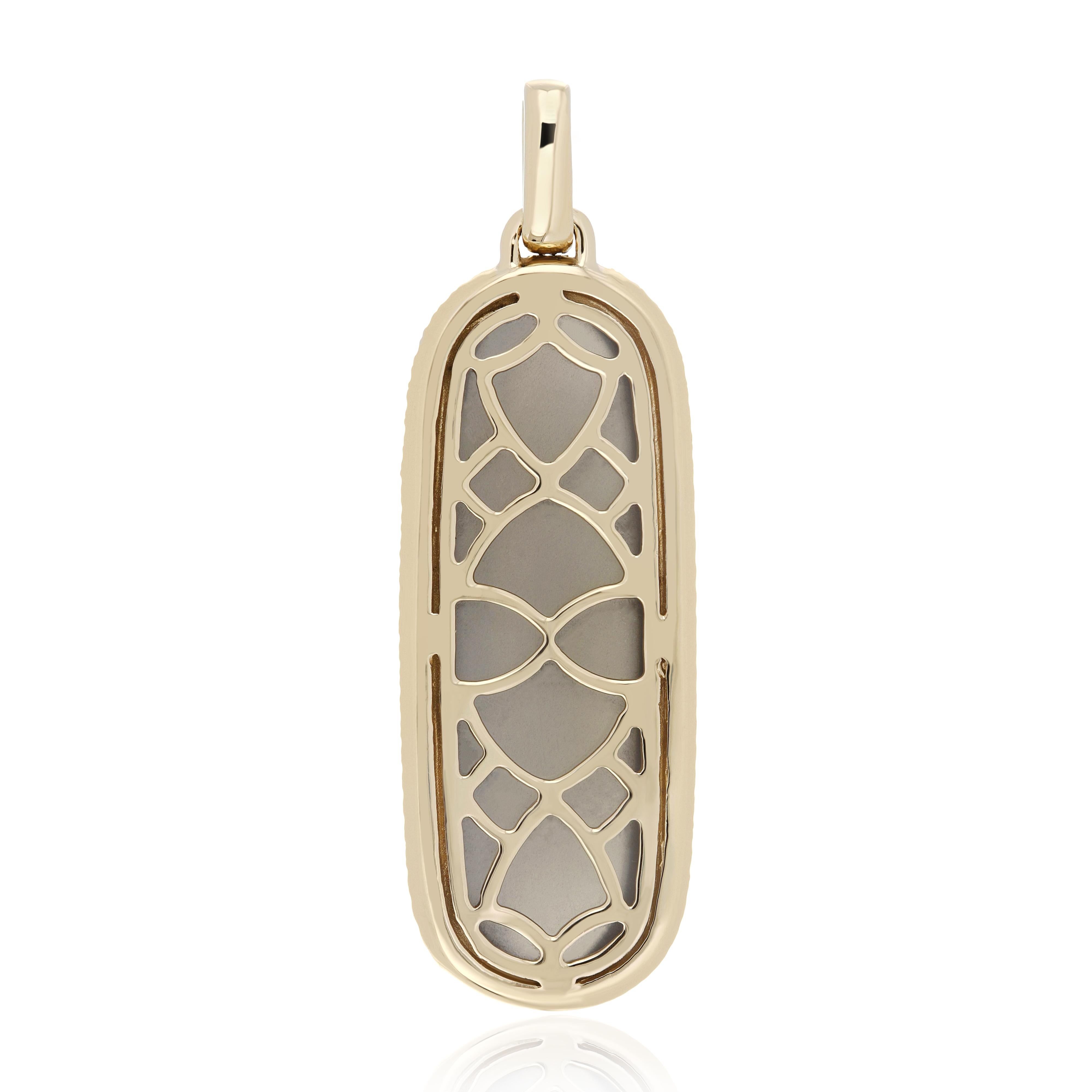 Elegant and exquisitely detailed Gold Pendant  center set with 14.70 Ct  Fancy Oval Cabochon Grey Moonstone surrounded with micro pave Diamonds, weighing approx. 0.39 Cts total carat weight. Beautifully Hand crafted in 14 Karat  Yellow Gold.

Stone