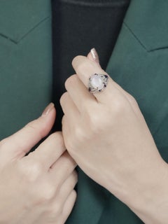 Moon Stone Sapphire and Diamond Art Deco Style Cocktail Dome Ring in 14K Gold