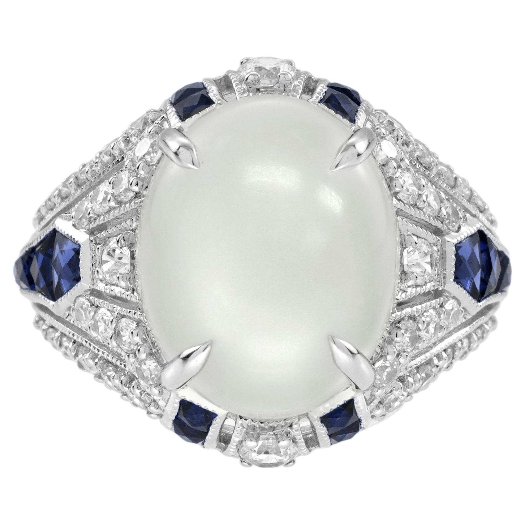 Piedra Lunar Zafiro y Diamante Anillo Cúpula de Cóctel Estilo Art Déco en Oro de 14K